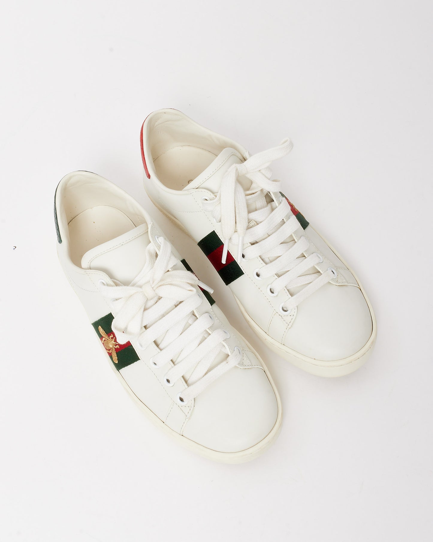 Gucci White Leather Green & Red Stripe Embroidered Bee Ace Sneakers - 36.5