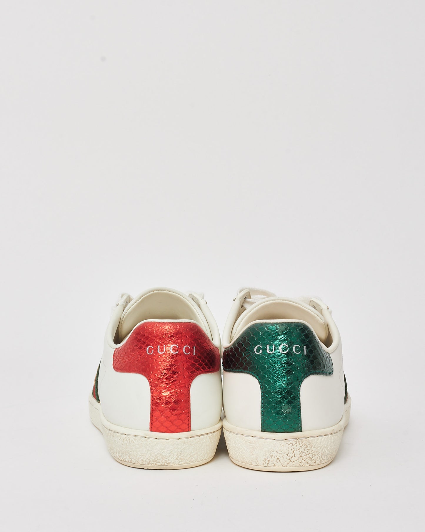 Gucci White Leather Green & Red Stripe Embroidered Bee Ace Sneakers - 36.5
