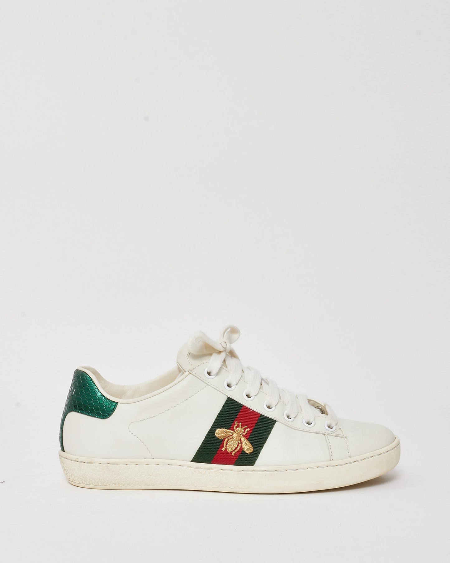 Gucci White Leather Green & Red Stripe Embroidered Bee Ace Sneakers - 36.5
