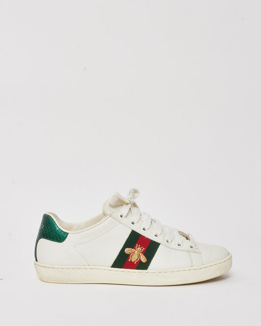 Gucci White Leather Green & Red Stripe Embroidered Bee Ace Sneakers - 36.5