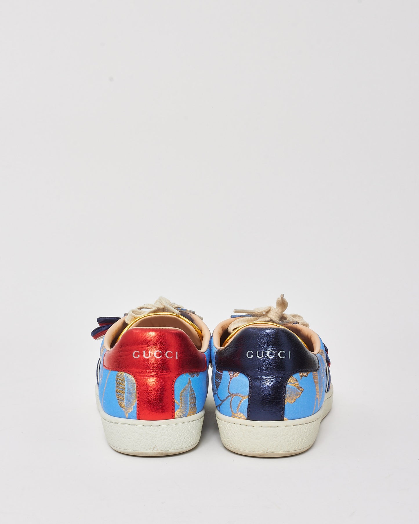 Gucci Blue Leather Gold Leaves Crystal Embellished Bow Sneakers - 37.5