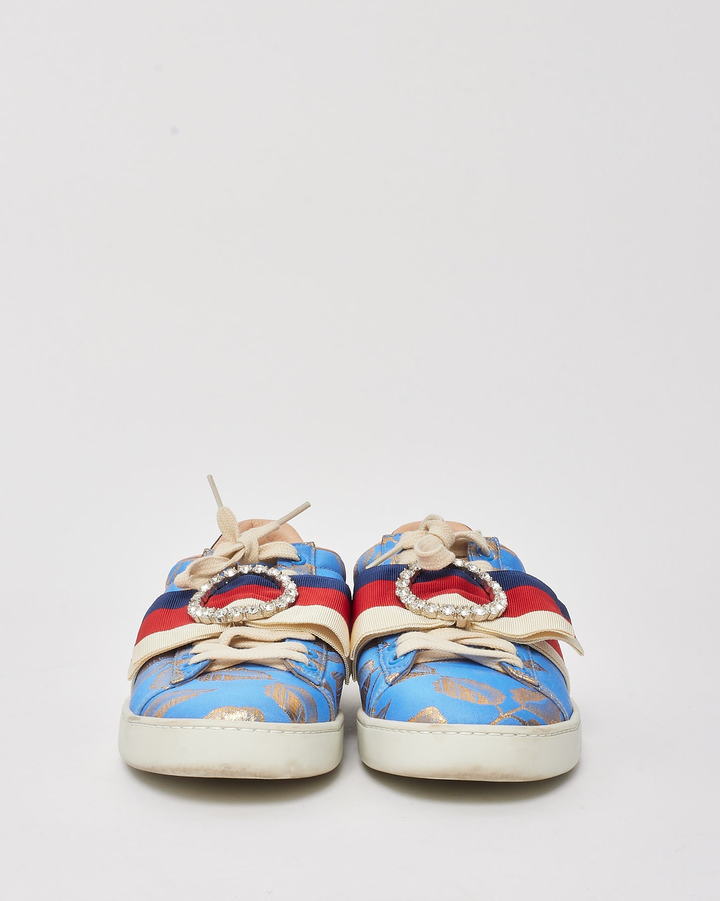 Gucci Blue Leather Gold Leaves Crystal Embellished Bow Sneakers - 37.5