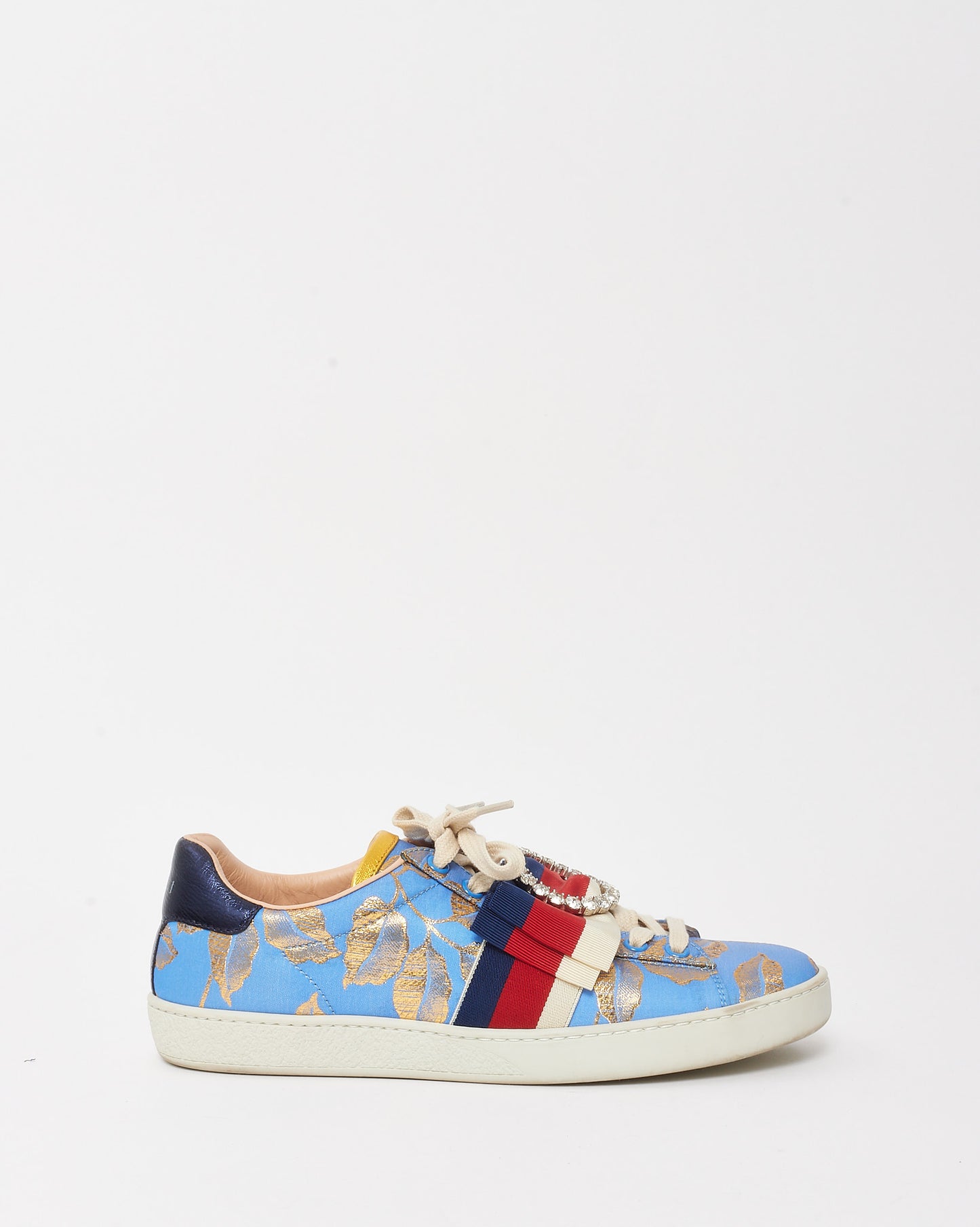Gucci Blue Leather Gold Leaves Crystal Embellished Bow Sneakers - 37.5