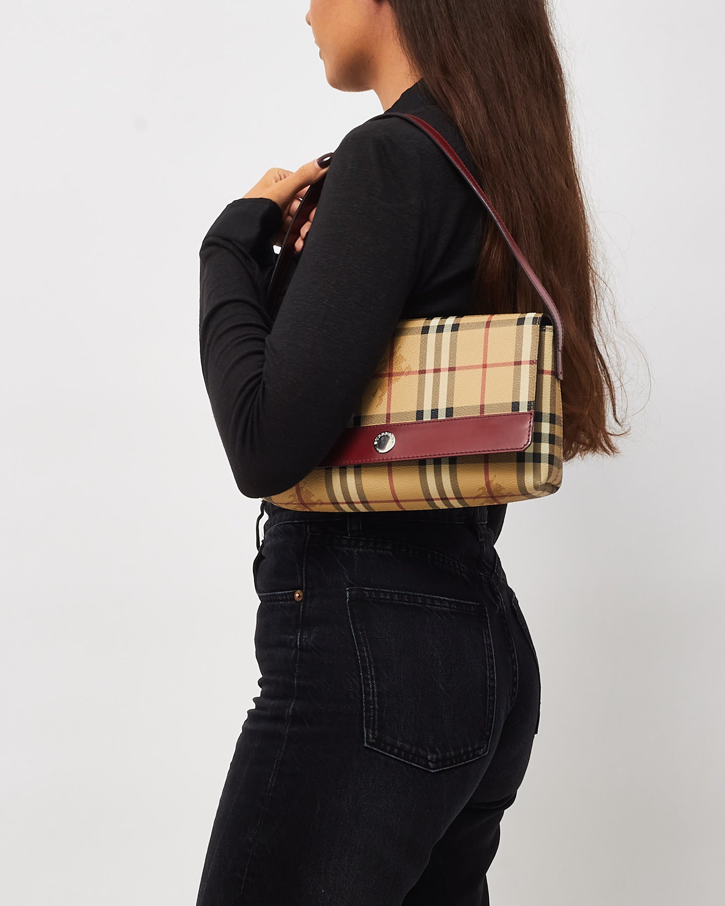 Burberry Vintage Beige Haymarket Check Coated Canvas Red Trim Shoulder Bag