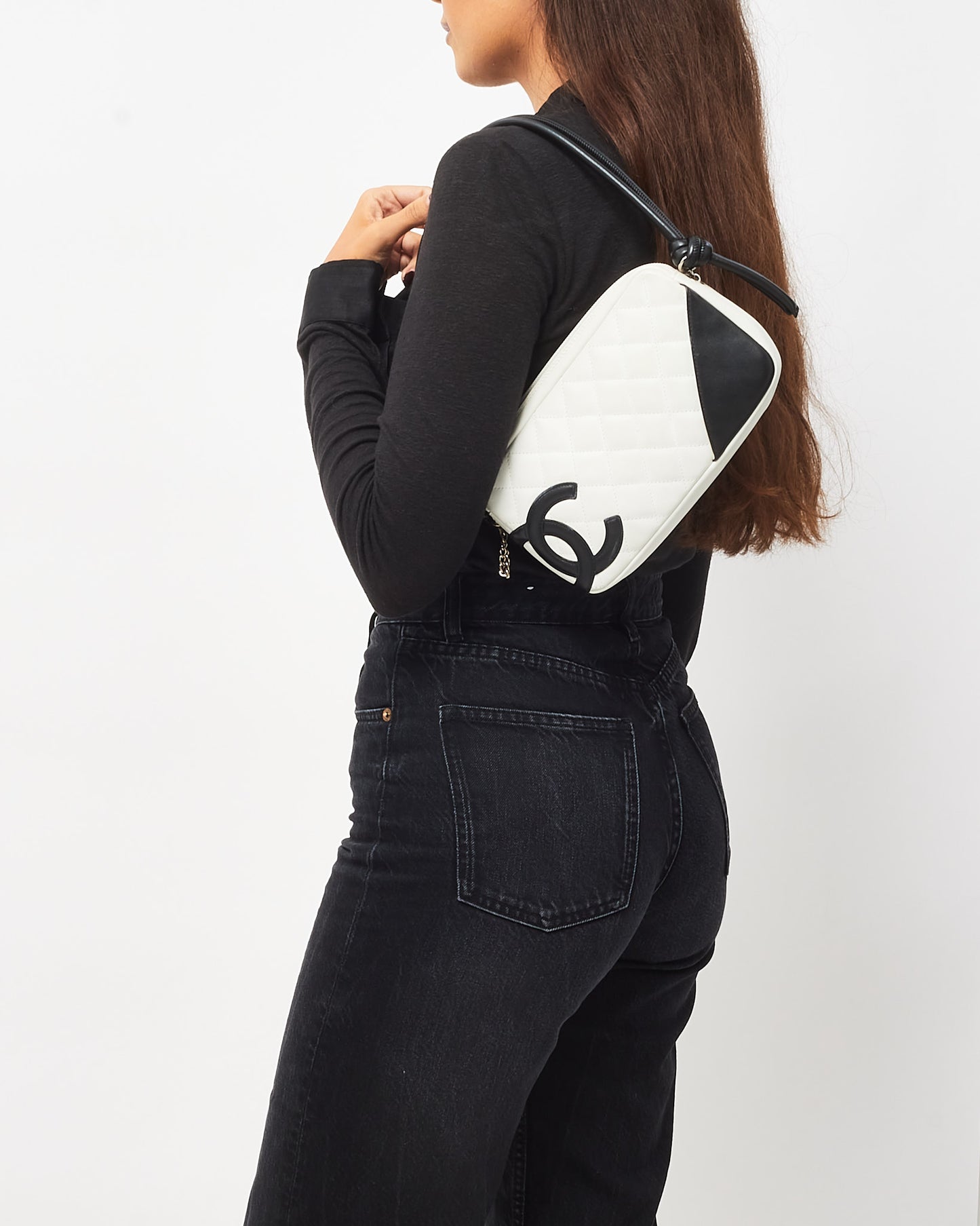 Chanel White Lambskin Leather Black CC Logo Cambon Pochette Shoulder Bag