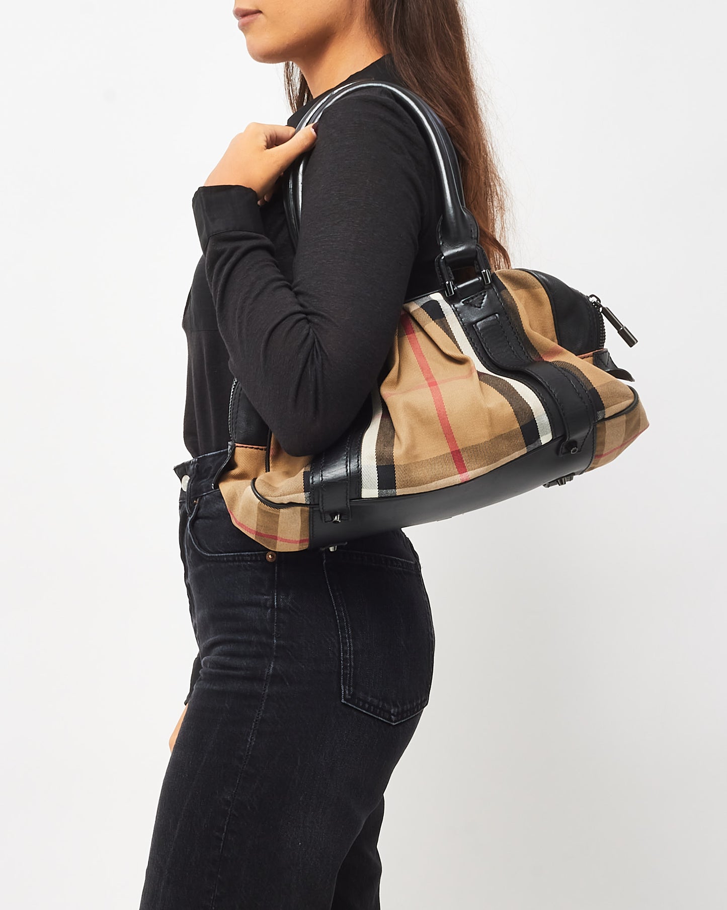 Burberry Black Leather and Beige House Check Canvas Buckle Tote Bag