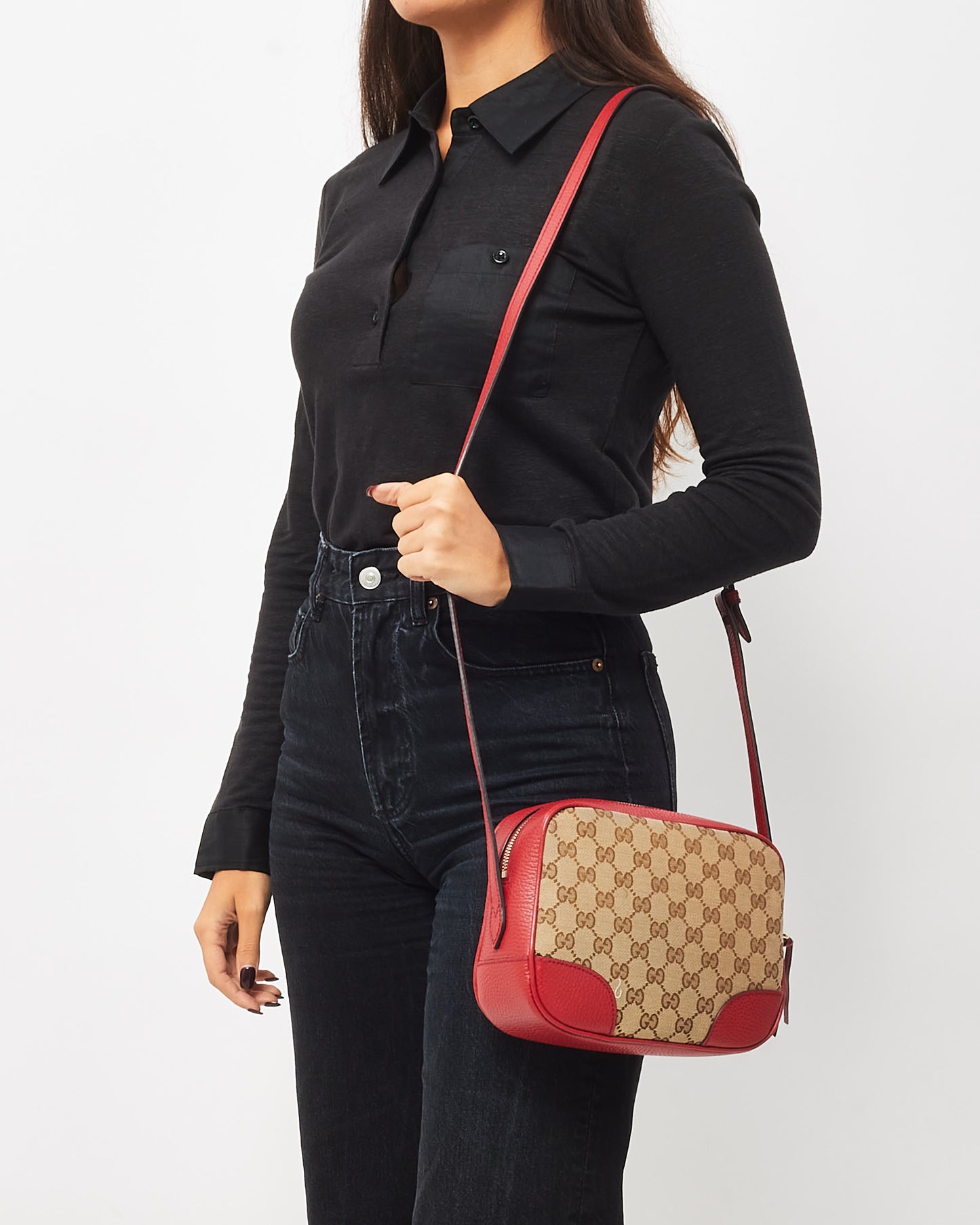 Gucci Beige and Ebony GG Monogram Canvas Red Leather Trim Mini Bree Camera Bag