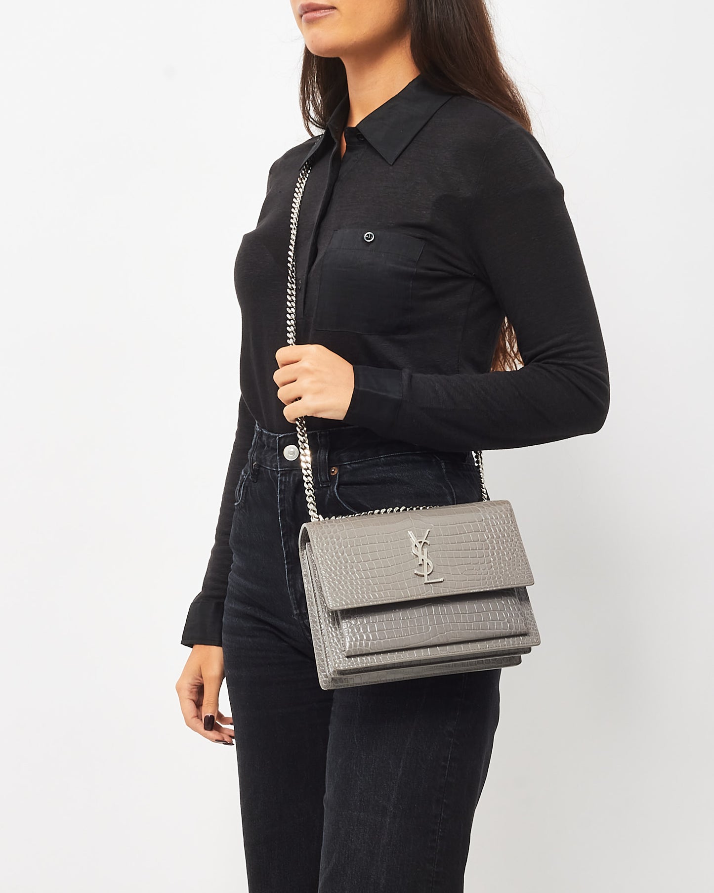 Saint Laurent Grey Patent Croc Embossed Leather Medium Sunset Bag