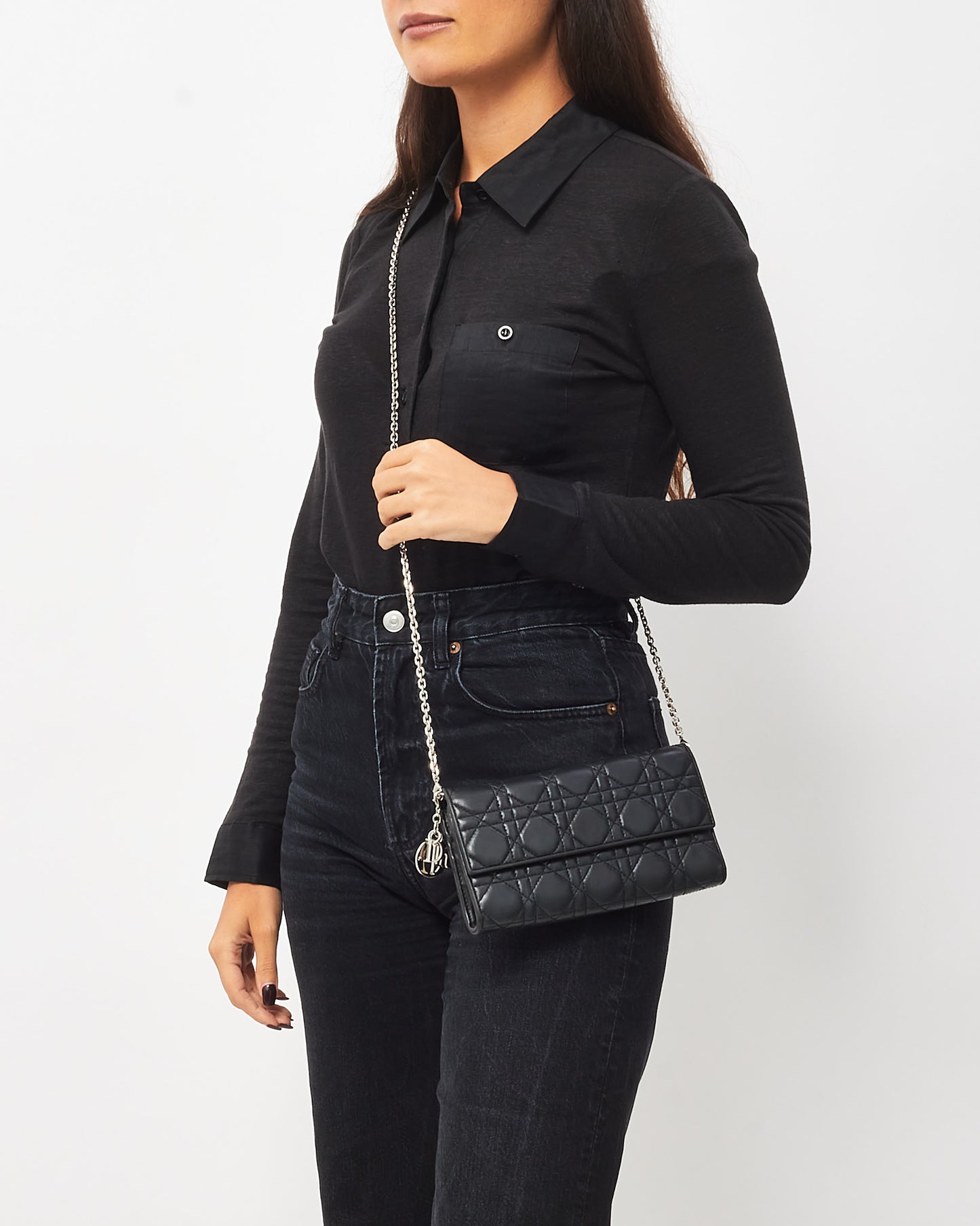 Dior Black Cannage Leather Lady Dior Pouch WOC Crossbody Bag SHW