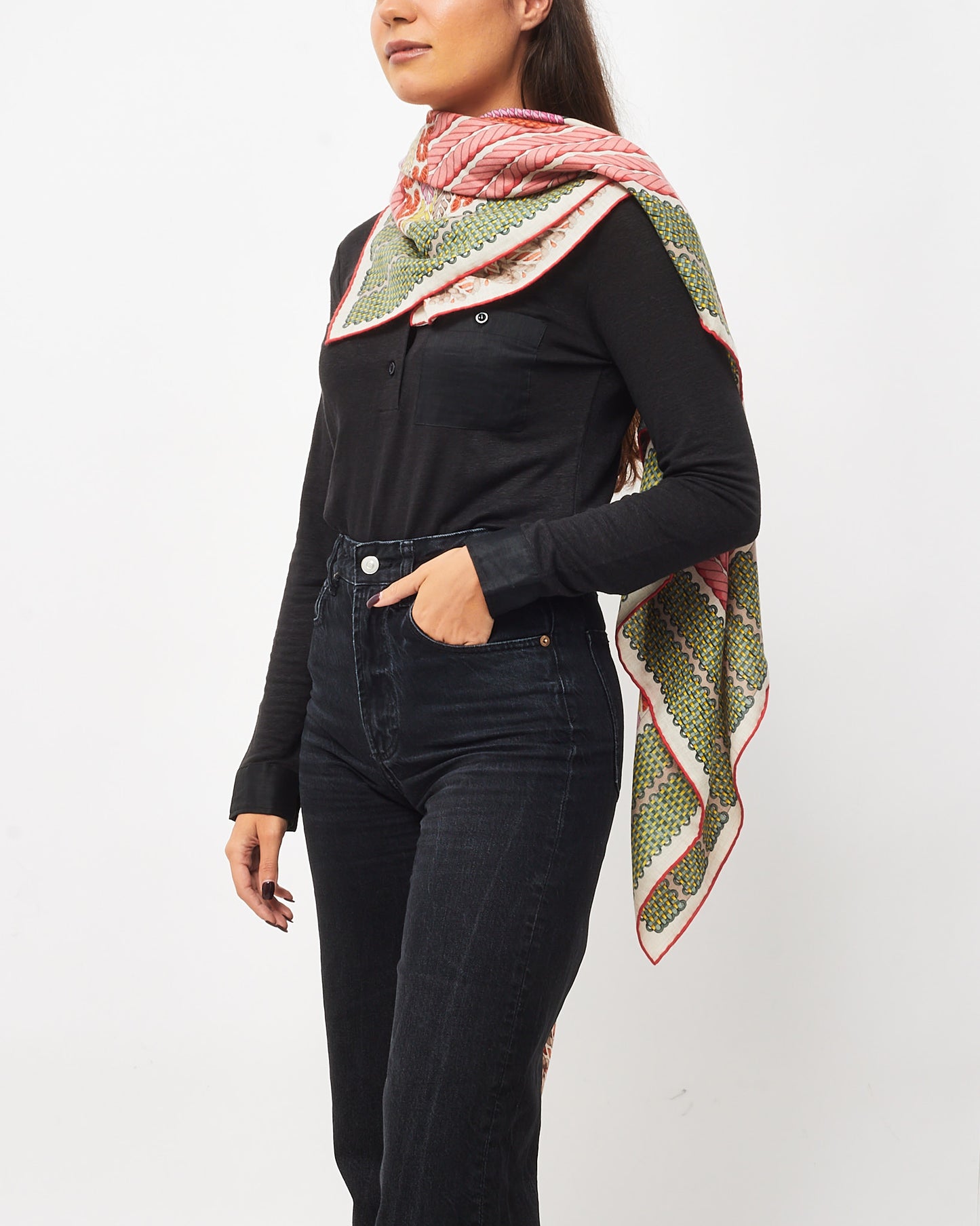 Hermès Pink/Green/Grey/Multi Cashmere Silk Dressage Tressage 140 Scarf Shawl