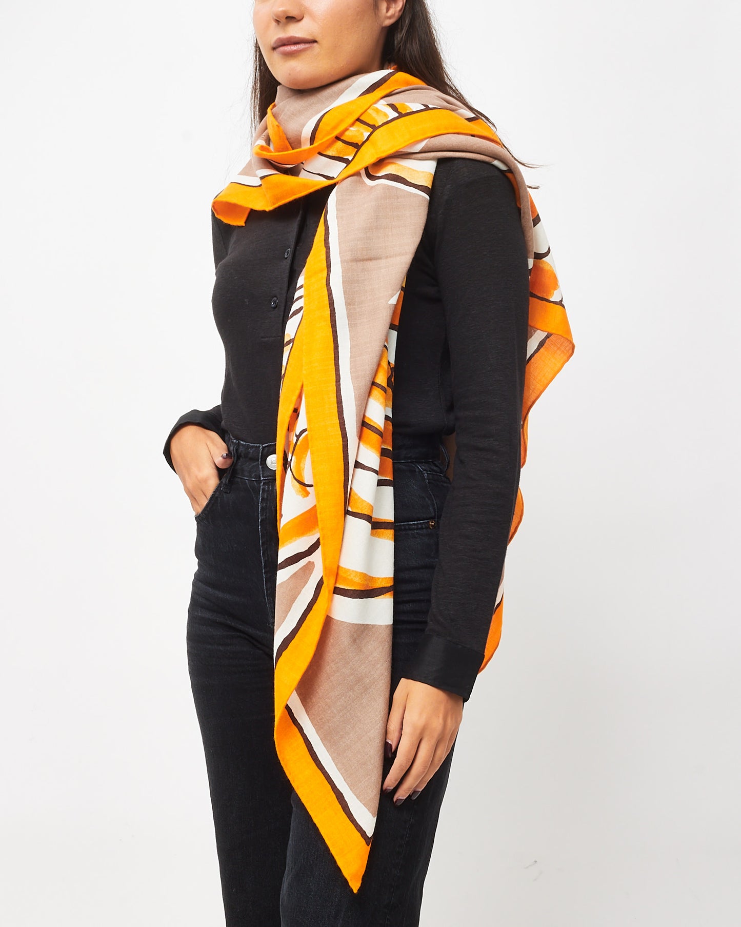 Hermès Orange/Taupe/Multi Cashmere Silk Libre Comme Pegase 140 Scarf Shawl