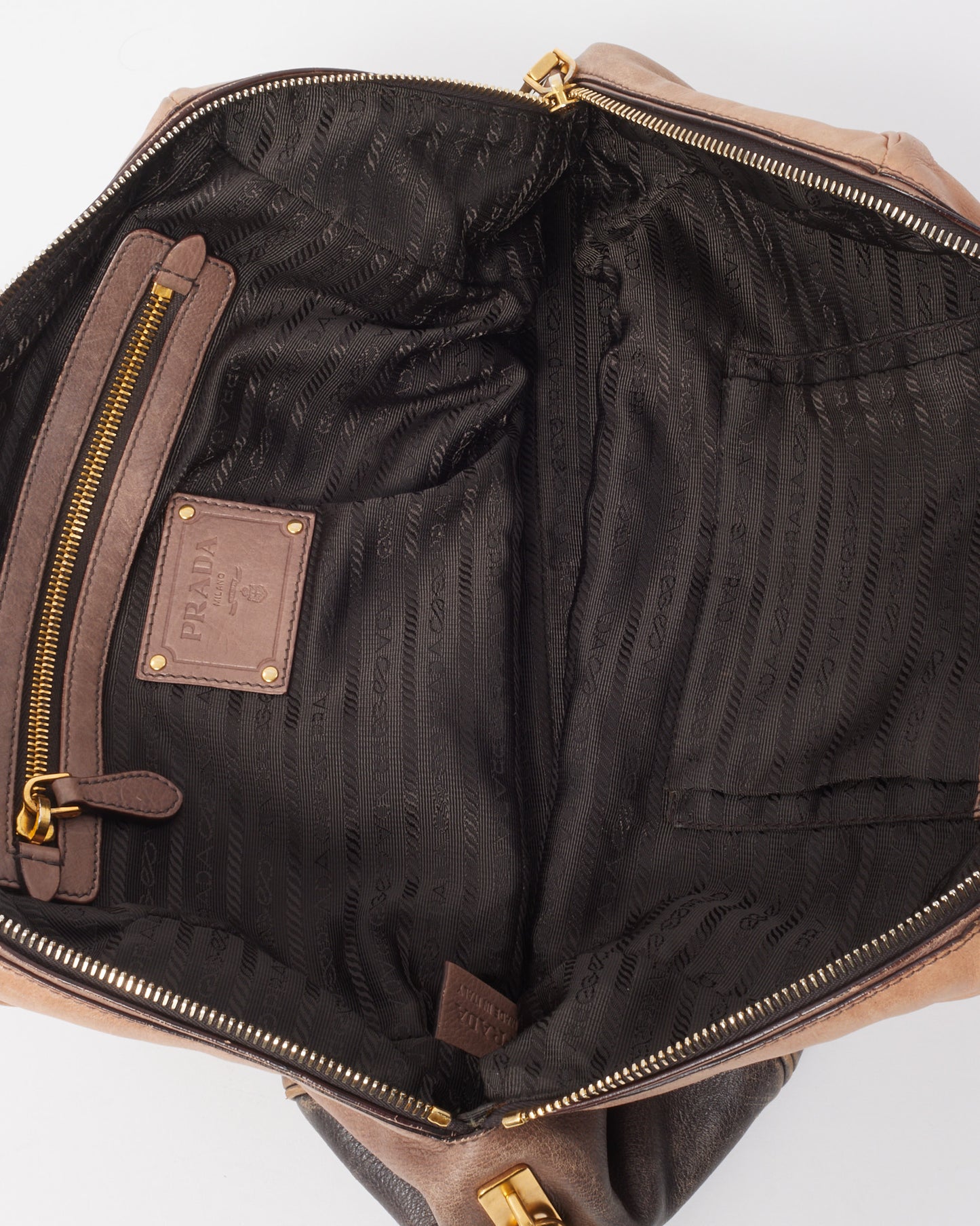 Prada Beige and Dark Blue Ombre Cervo Gold Detail Leather Top Handle Bowling Bag