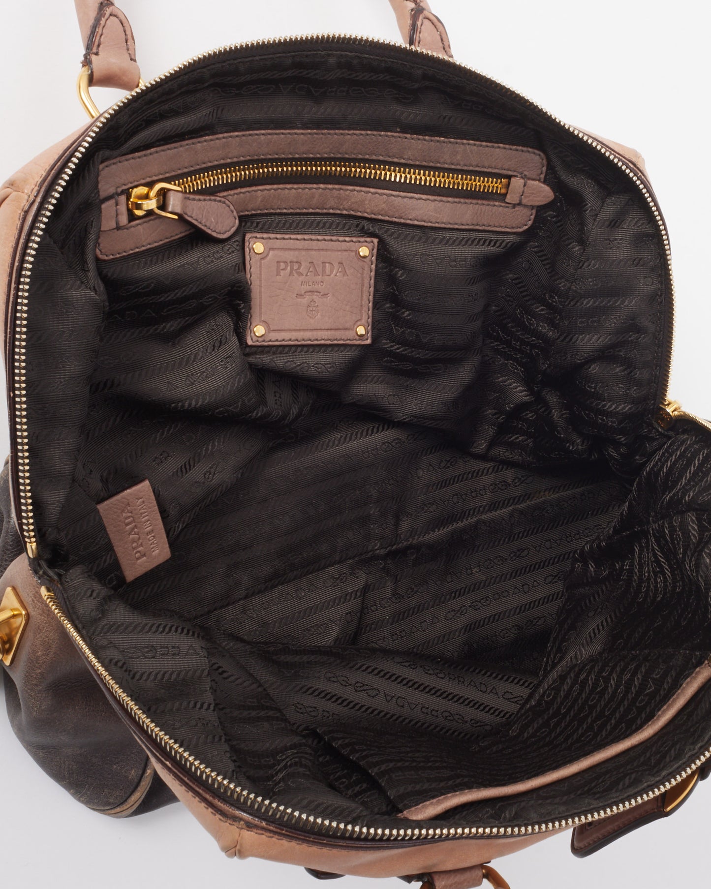 Prada Beige and Dark Blue Ombre Cervo Gold Detail Leather Top Handle Bowling Bag