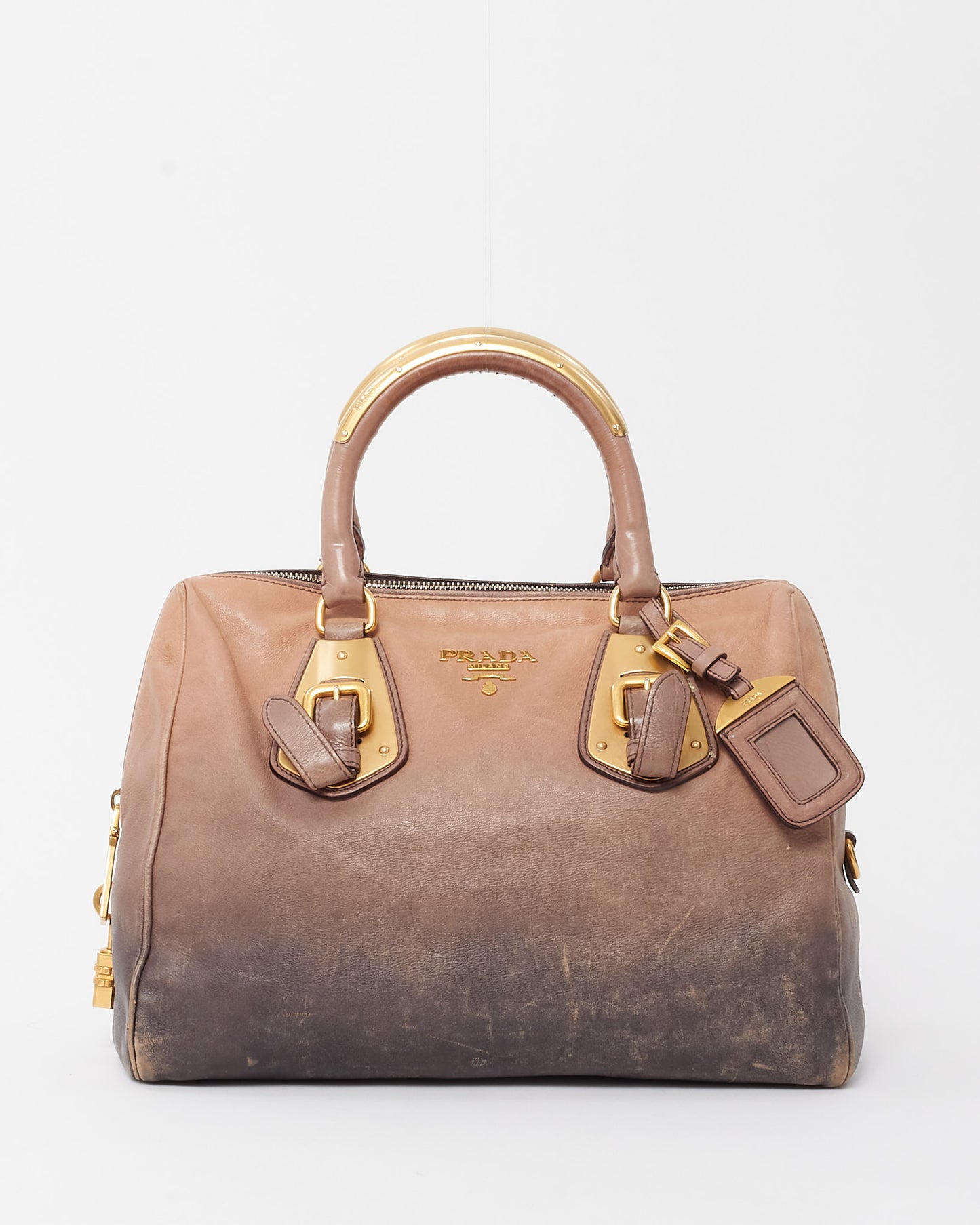 Prada Beige and Dark Blue Ombre Cervo Gold Detail Leather Top Handle Bowling Bag