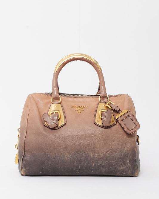 Prada Beige and Dark Blue Ombre Cervo Gold Detail Leather Top Handle Bowling Bag