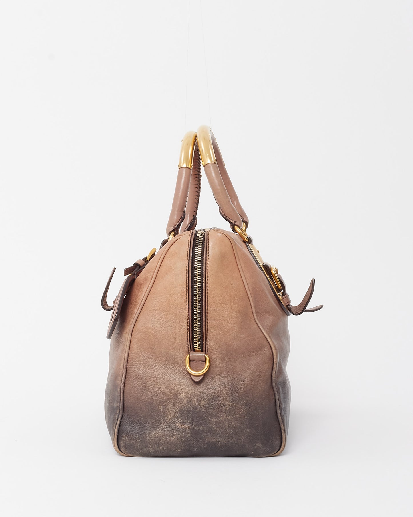 Prada Beige and Dark Blue Ombre Cervo Gold Detail Leather Top Handle Bowling Bag