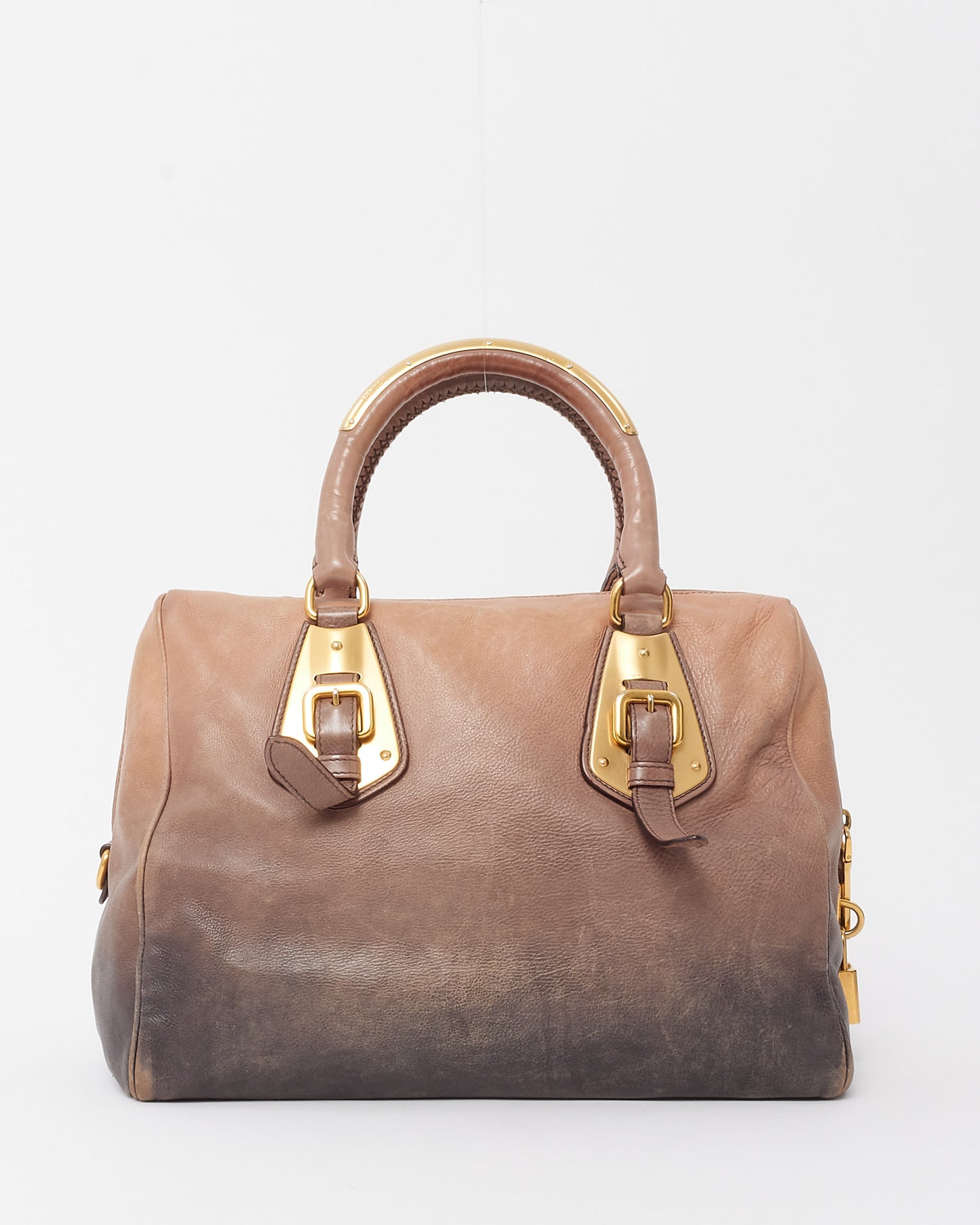 Prada Beige and Dark Blue Ombre Cervo Gold Detail Leather Top Handle Bowling Bag