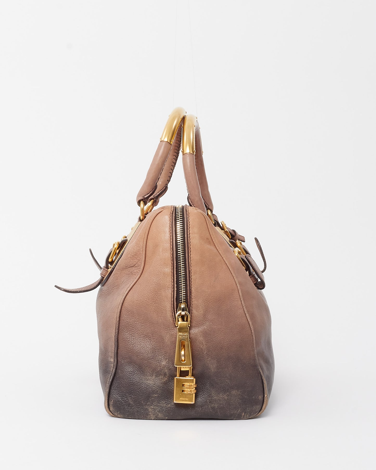 Prada Beige and Dark Blue Ombre Cervo Gold Detail Leather Top Handle Bowling Bag