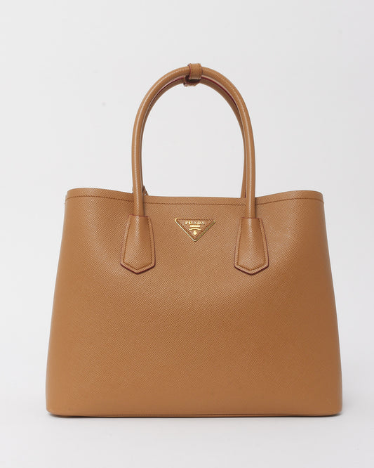 Prada Caramel Saffiano Leather With Red Interior Medium Double Tote