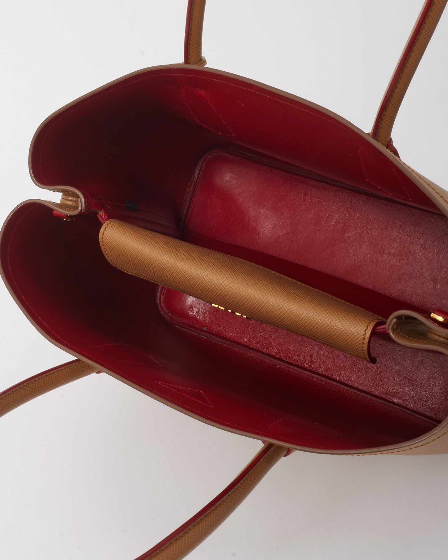 Prada Caramel Saffiano Leather With Red Interior Medium Double Tote
