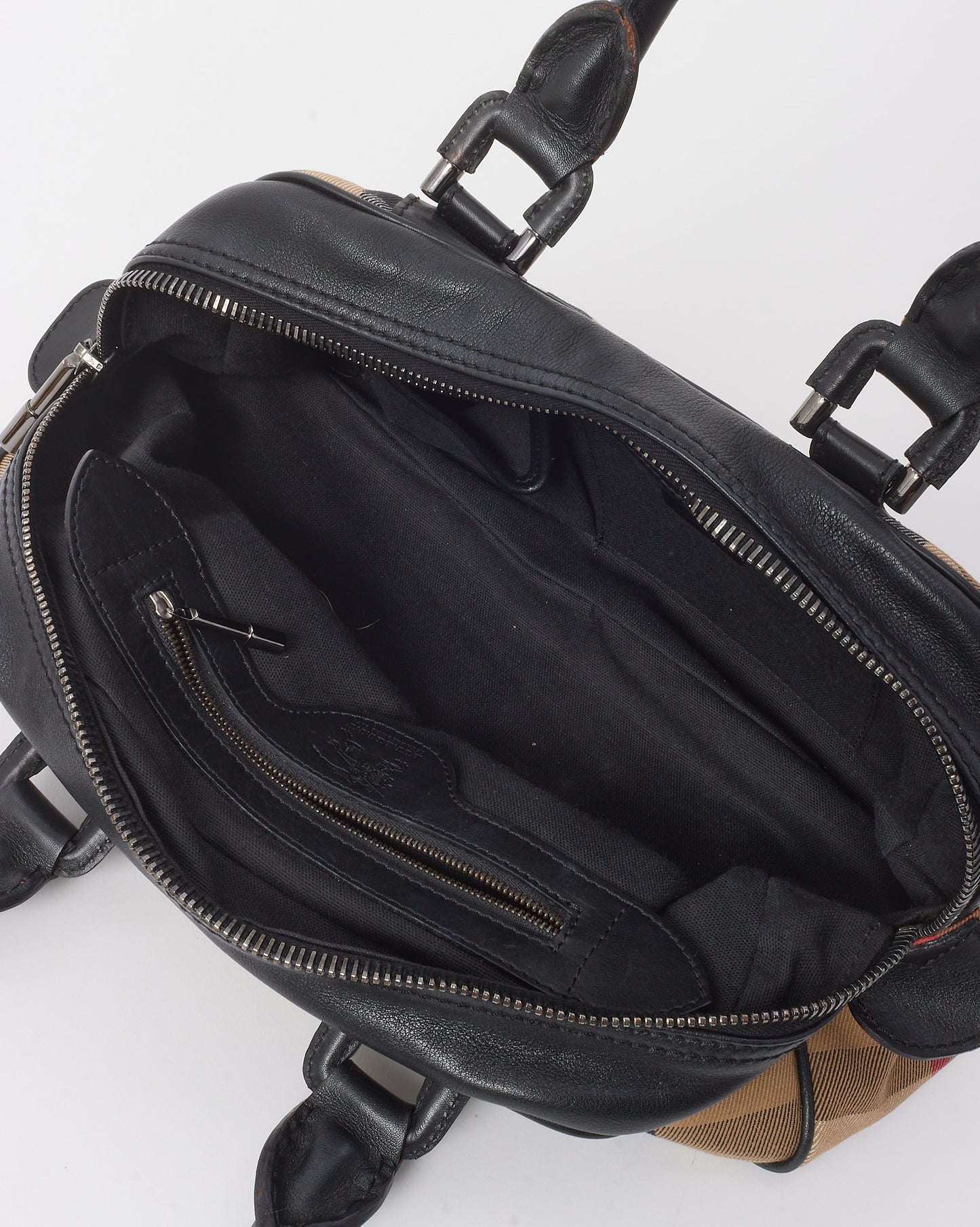 Burberry Black Leather and Beige House Check Canvas Buckle Tote Bag