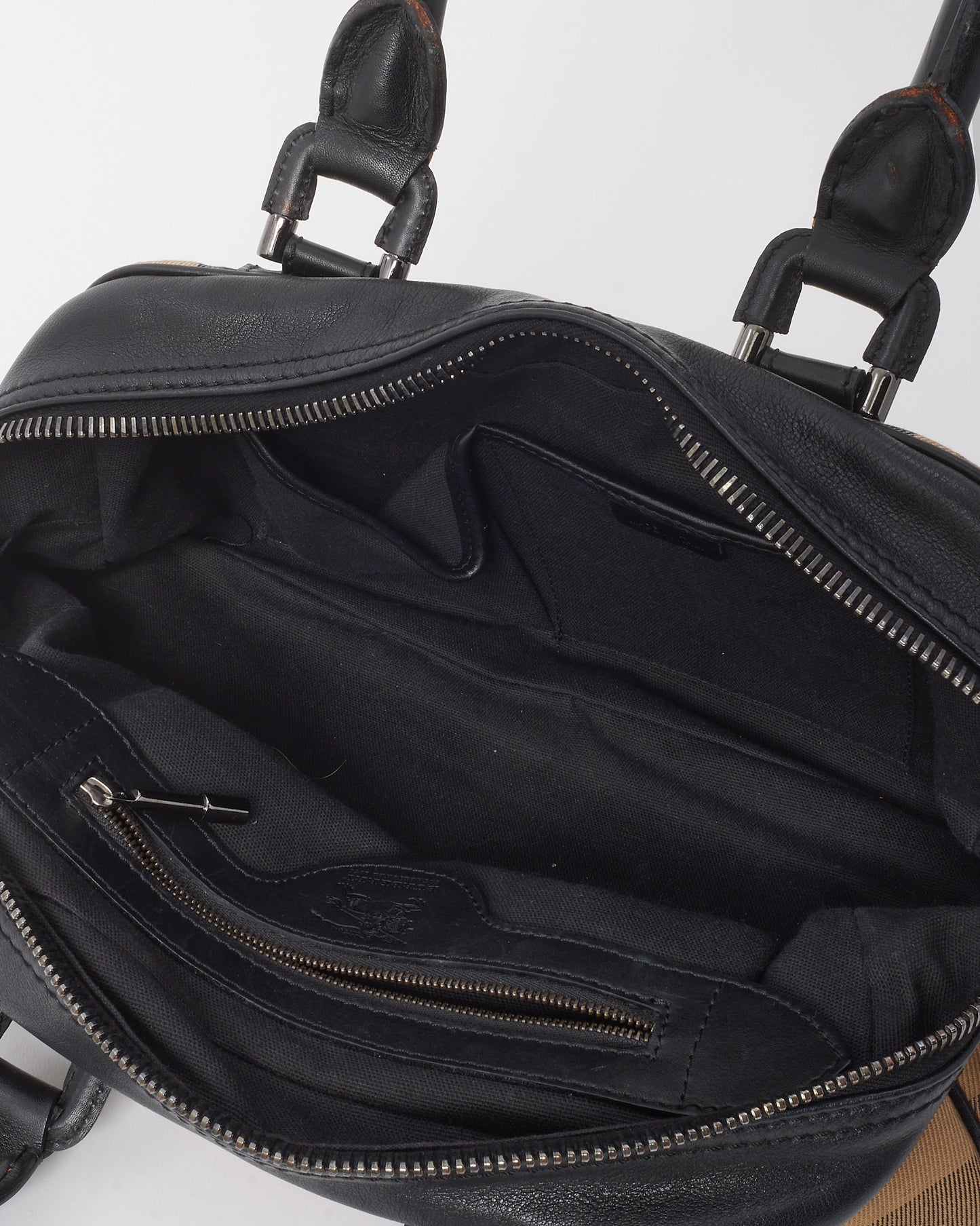 Burberry Black Leather and Beige House Check Canvas Buckle Tote Bag