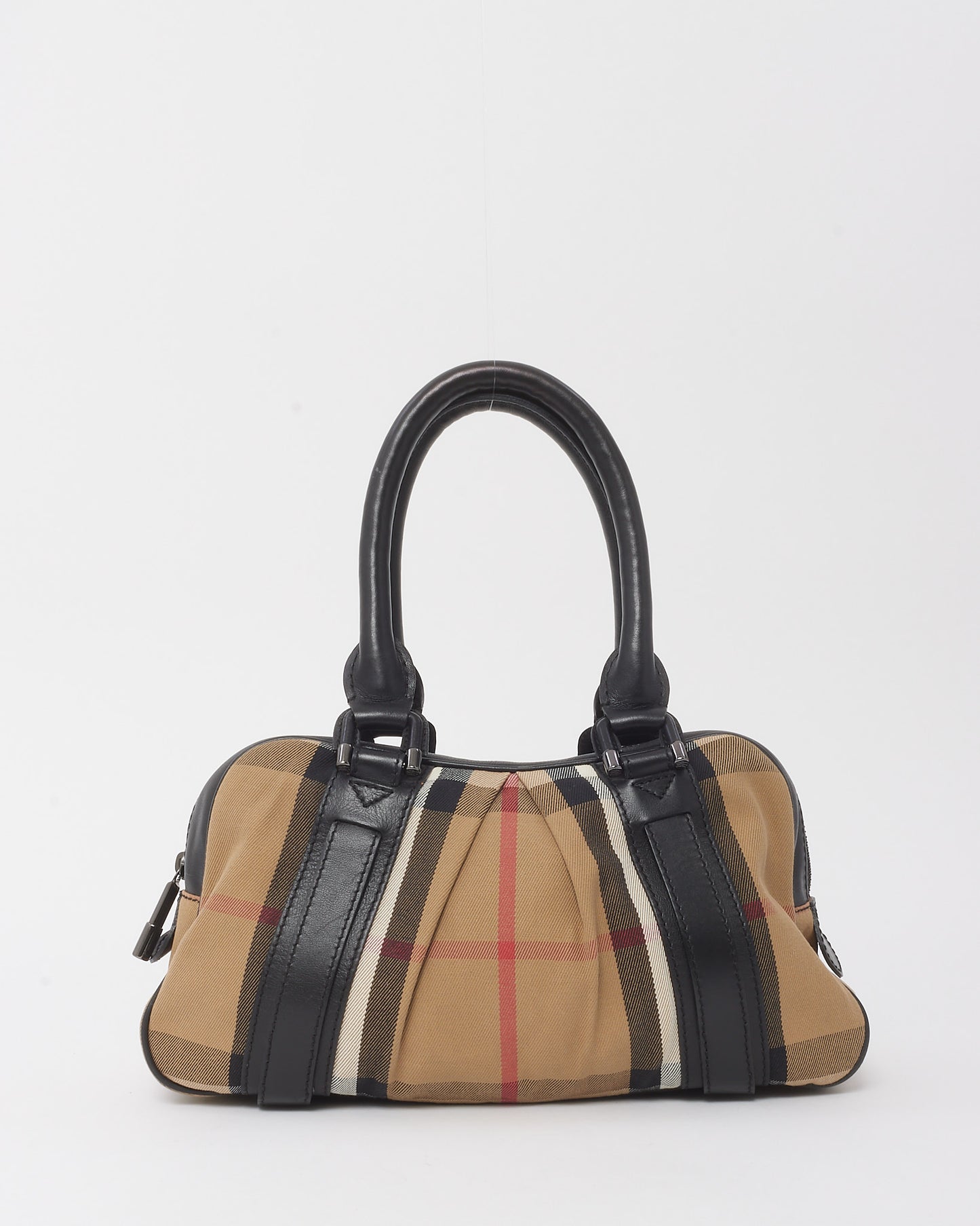 Burberry Black Leather and Beige House Check Canvas Buckle Tote Bag