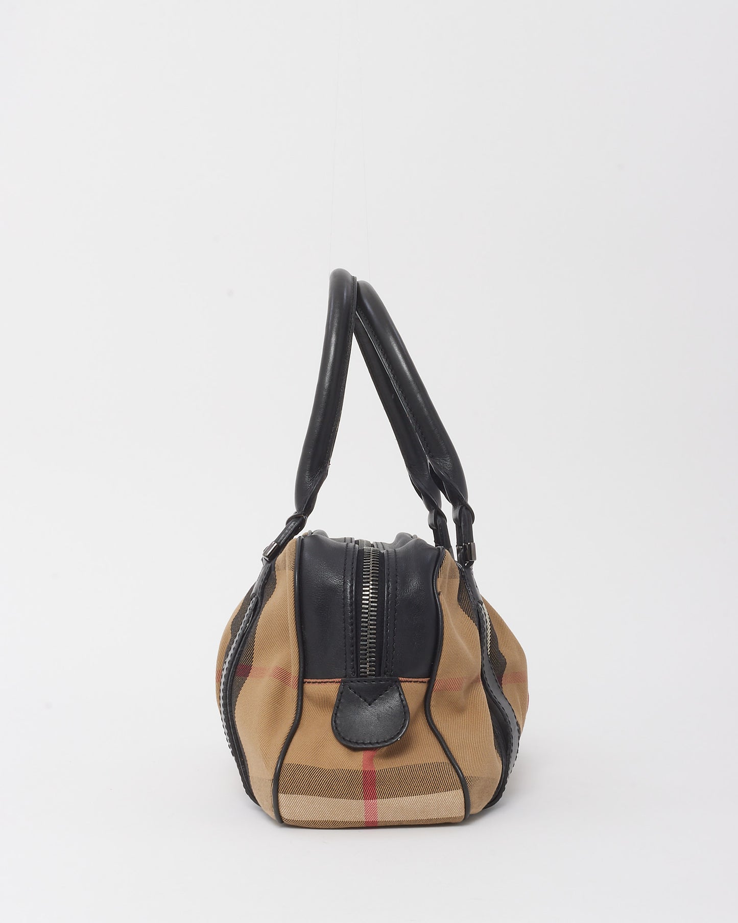 Burberry Black Leather and Beige House Check Canvas Buckle Tote Bag