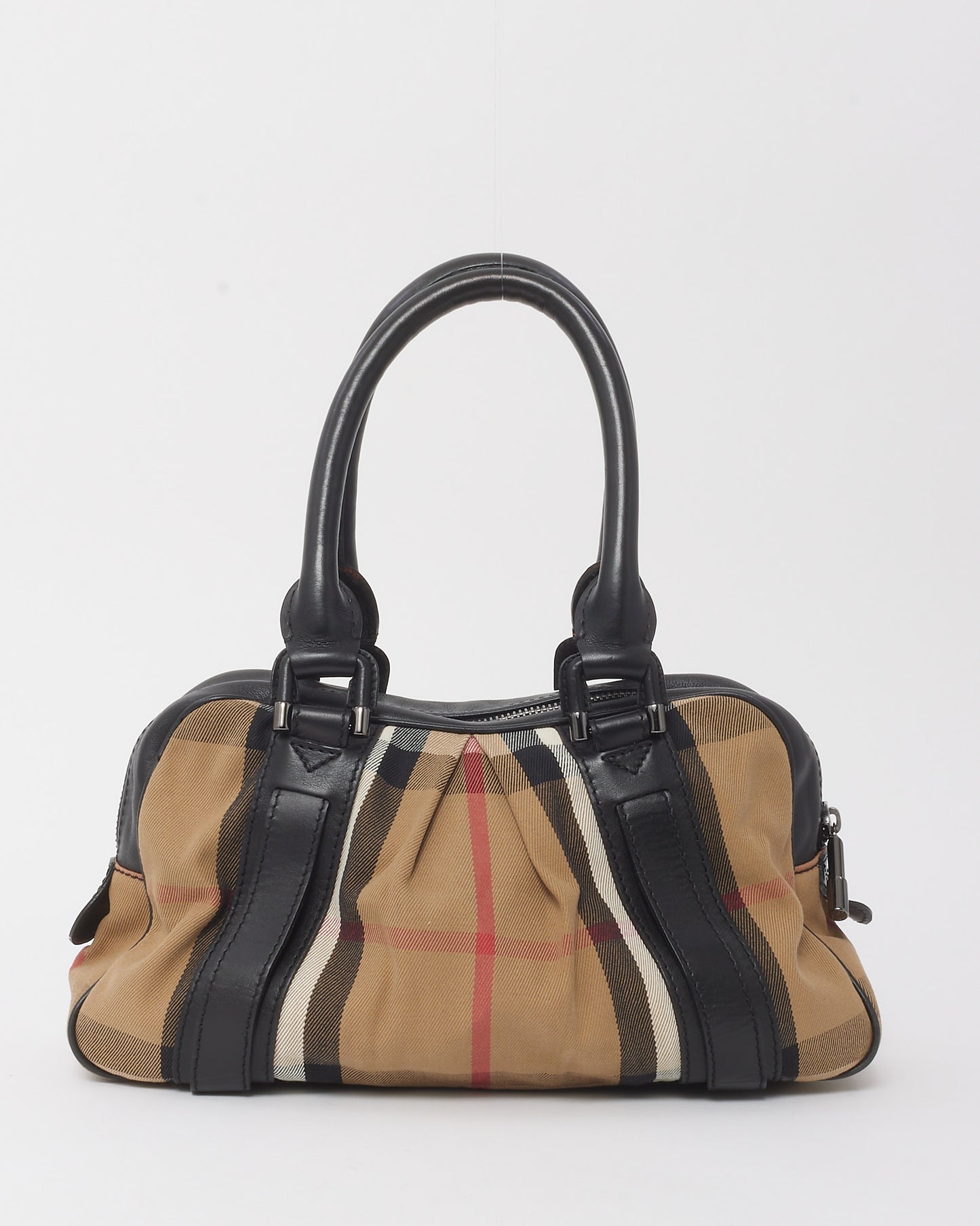 Burberry Black Leather and Beige House Check Canvas Buckle Tote Bag