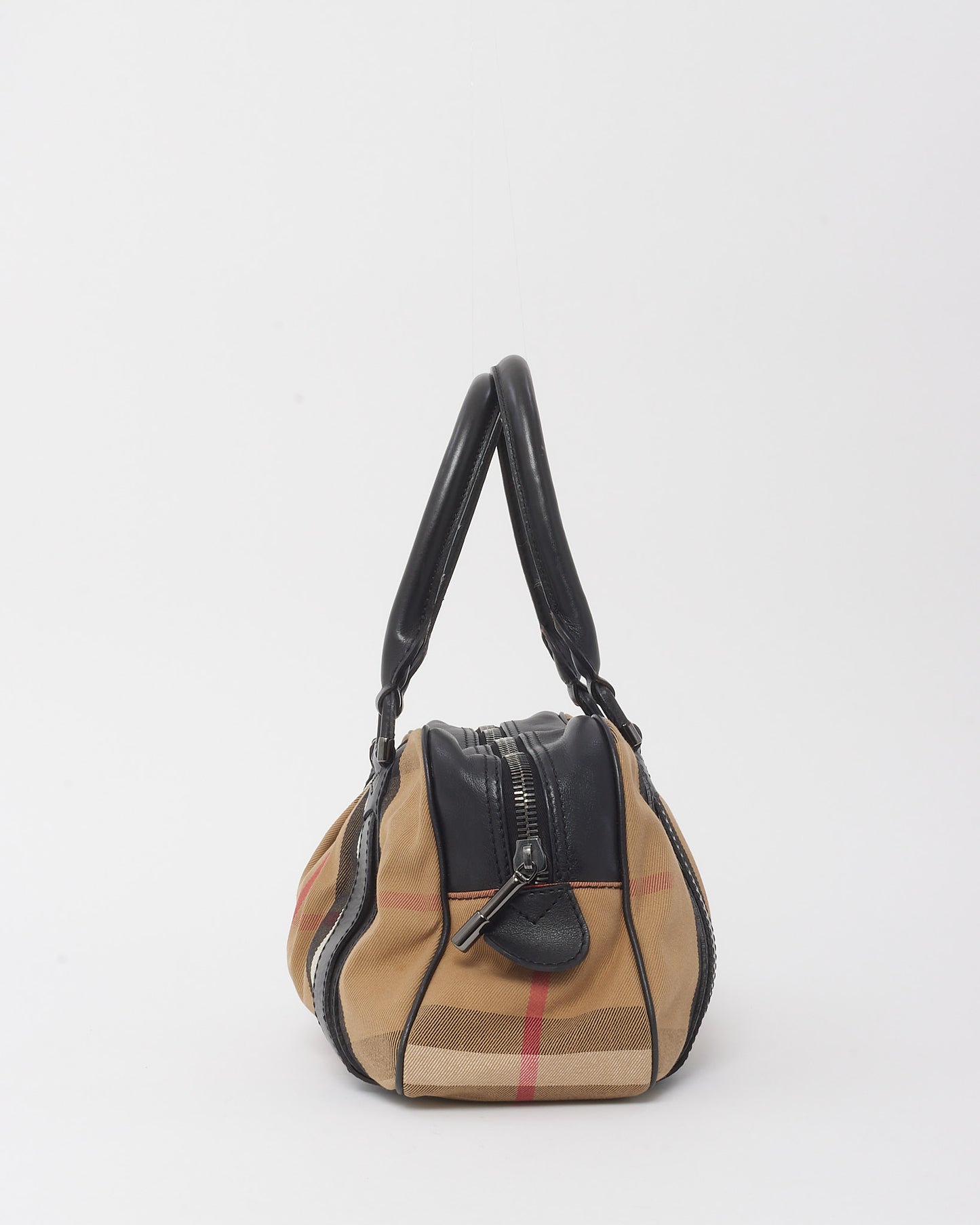 Burberry Black Leather and Beige House Check Canvas Buckle Tote Bag