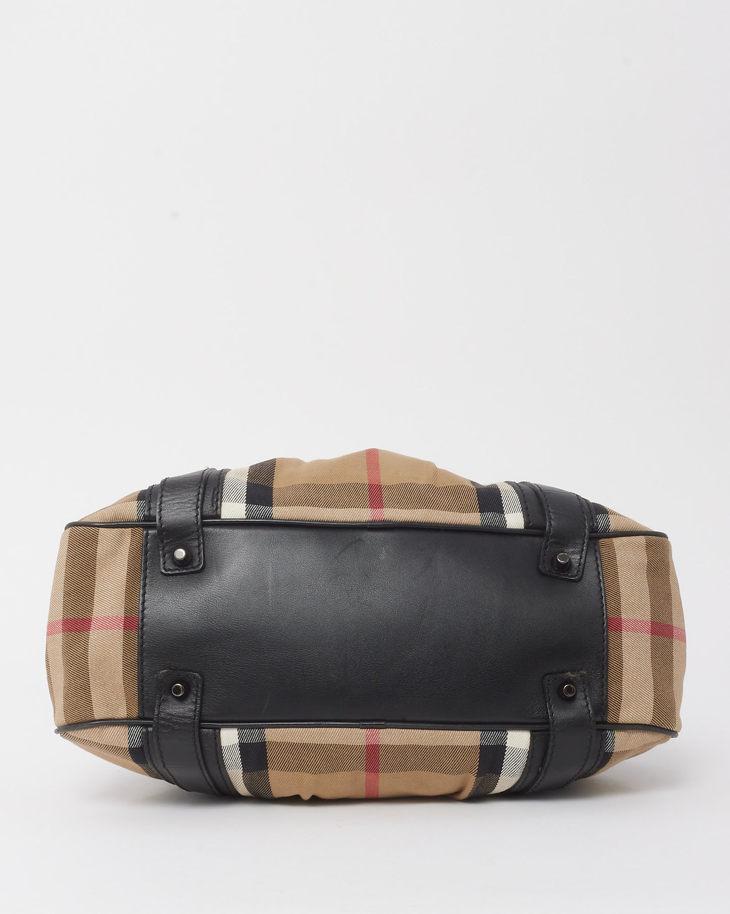 Burberry Black Leather and Beige House Check Canvas Buckle Tote Bag