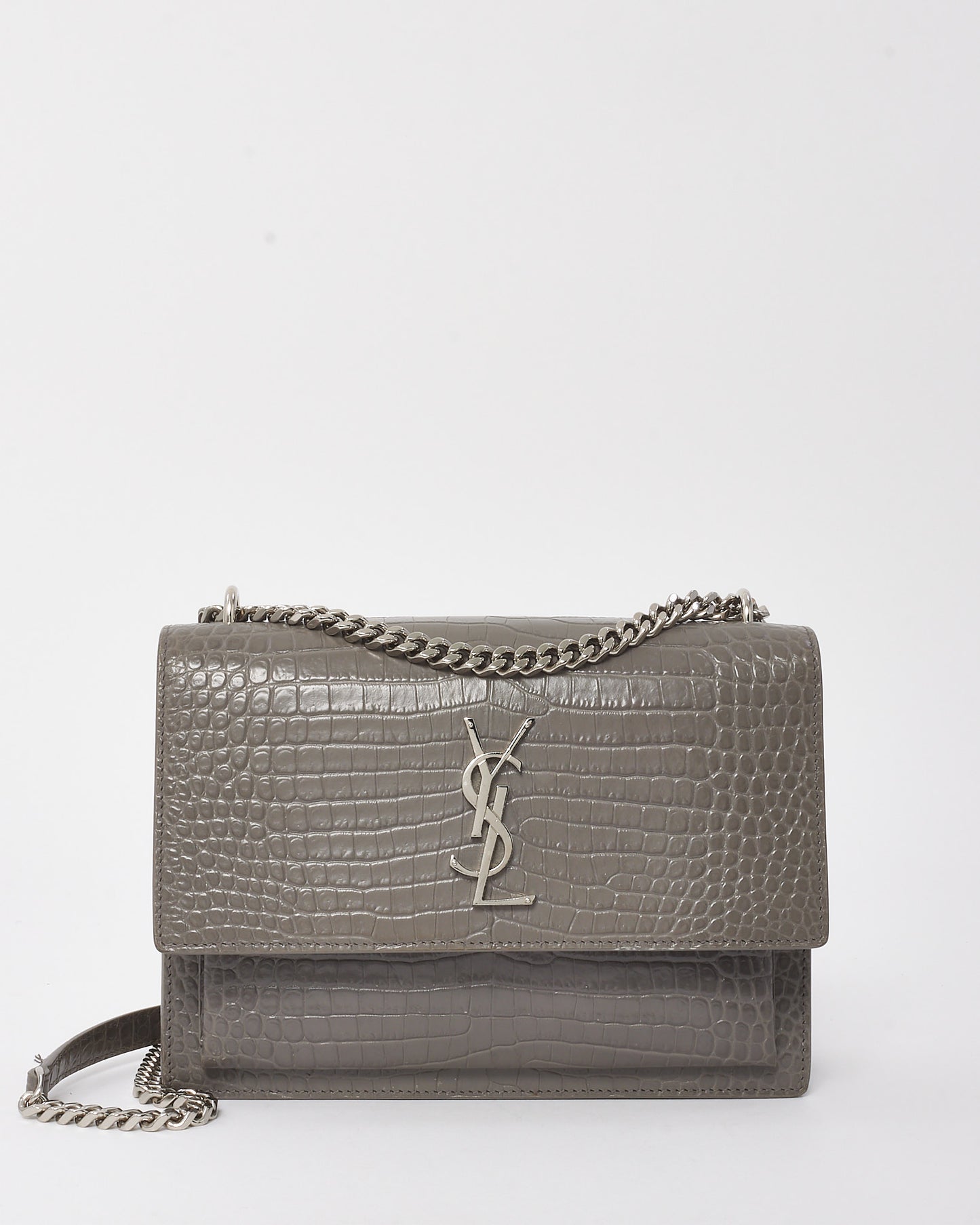 Saint Laurent Grey Patent Croc Embossed Leather Medium Sunset Bag