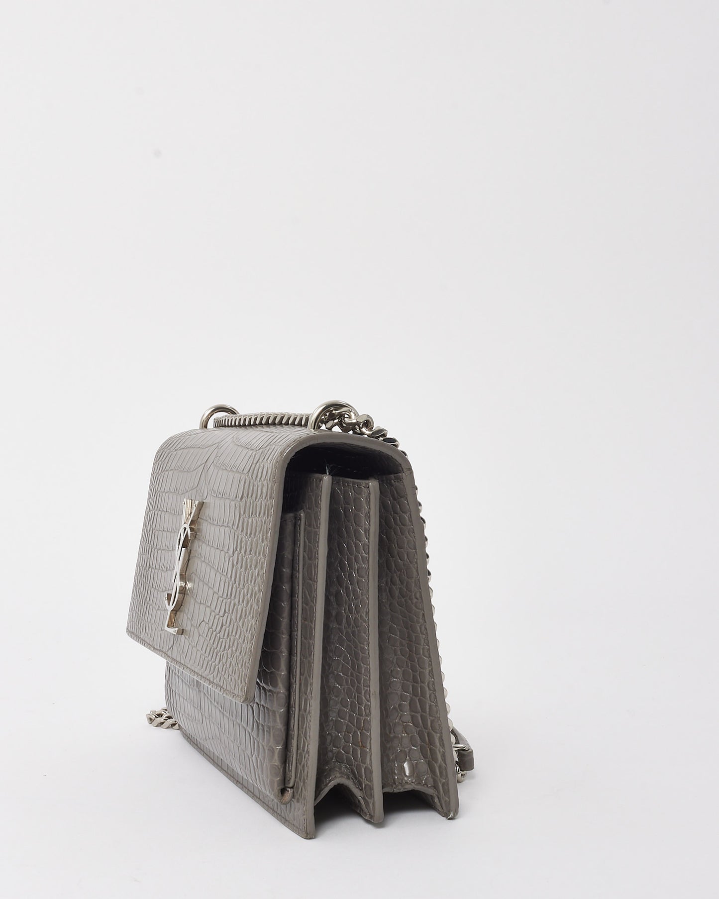 Saint Laurent Grey Patent Croc Embossed Leather Medium Sunset Bag