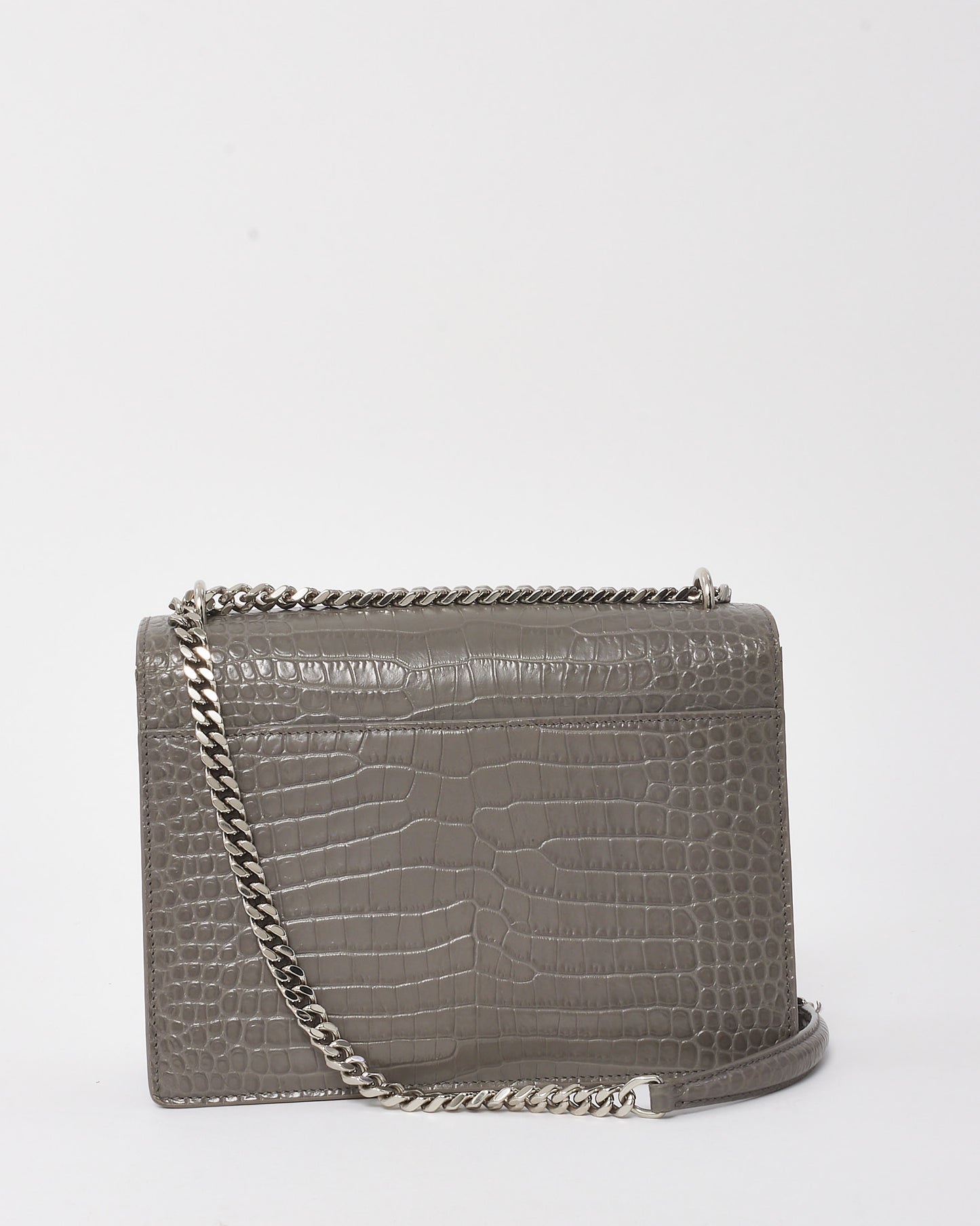 Saint Laurent Grey Patent Croc Embossed Leather Medium Sunset Bag