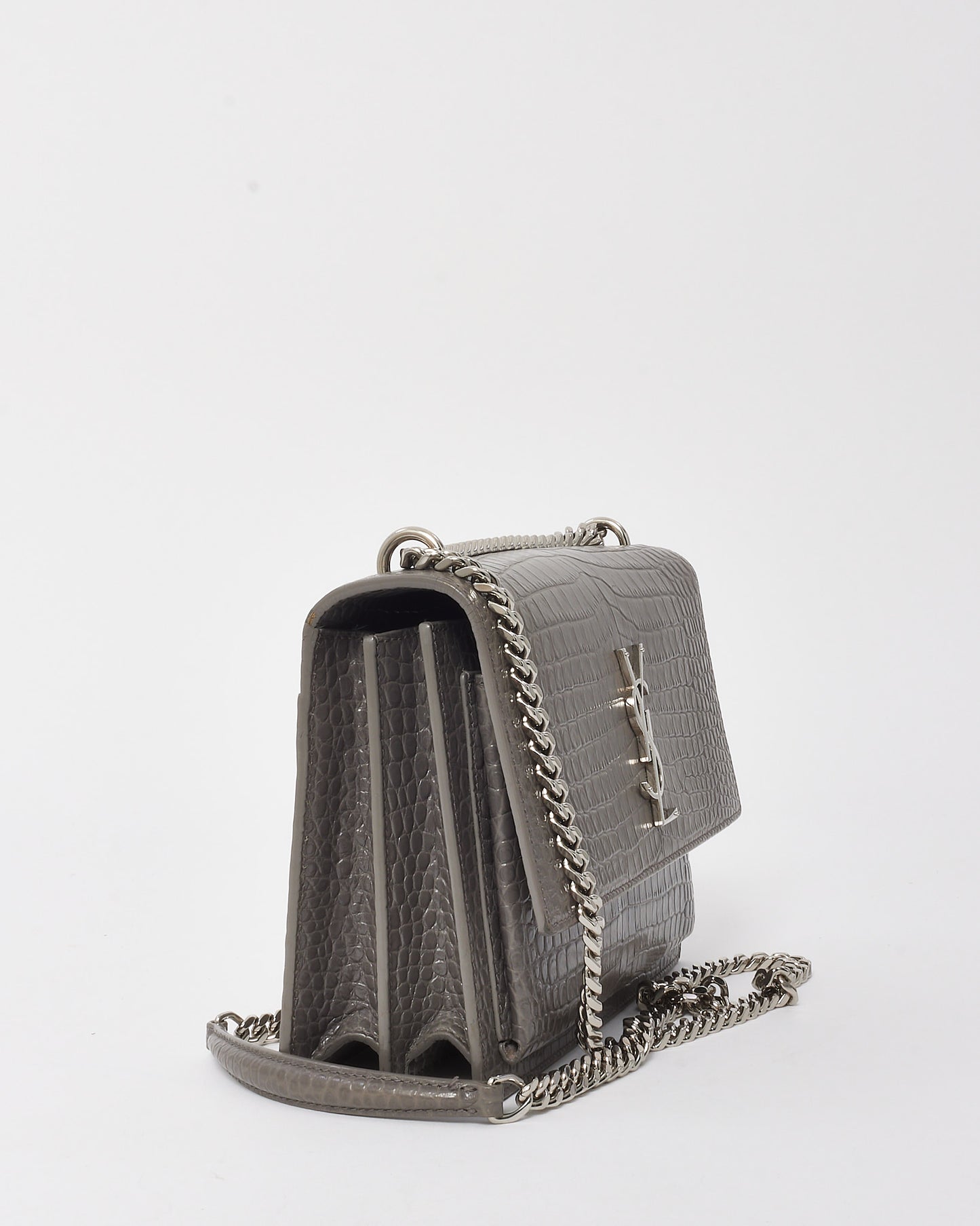 Saint Laurent Grey Patent Croc Embossed Leather Medium Sunset Bag