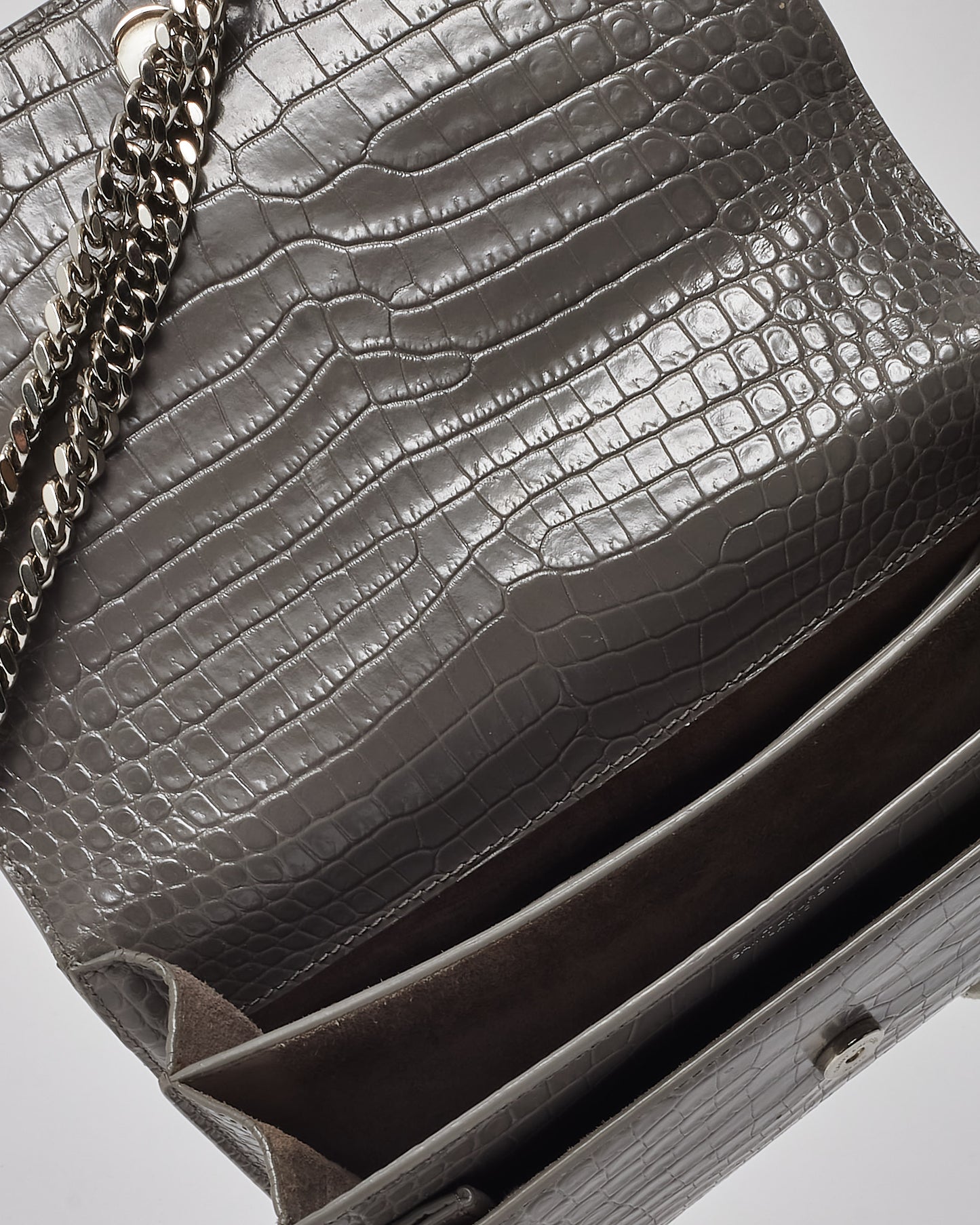Saint Laurent Grey Patent Croc Embossed Leather Medium Sunset Bag