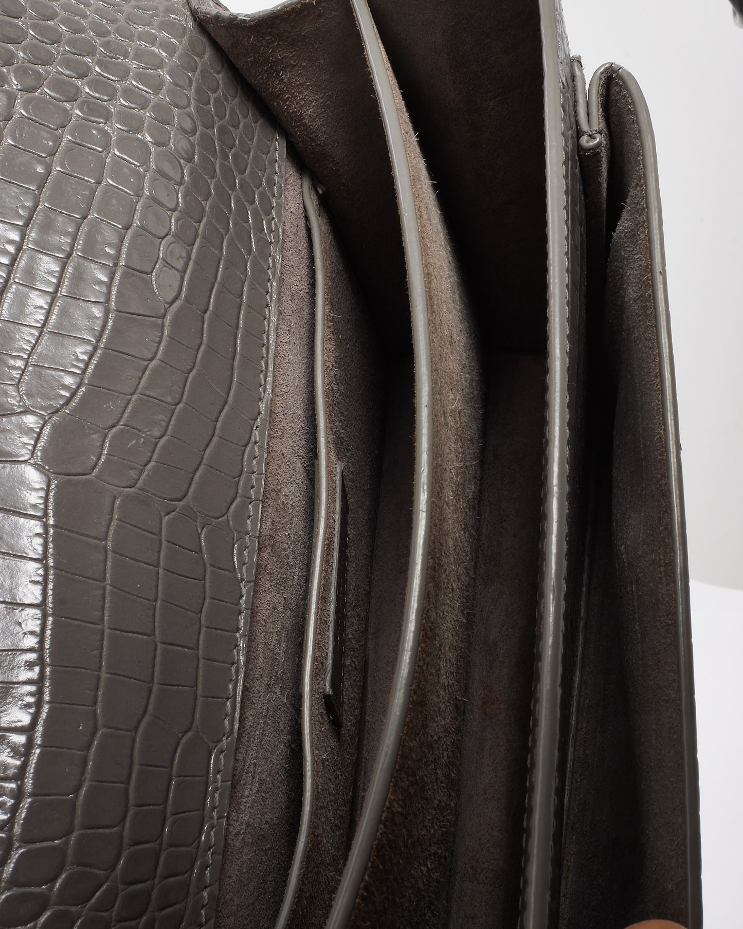 Saint Laurent Grey Patent Croc Embossed Leather Medium Sunset Bag