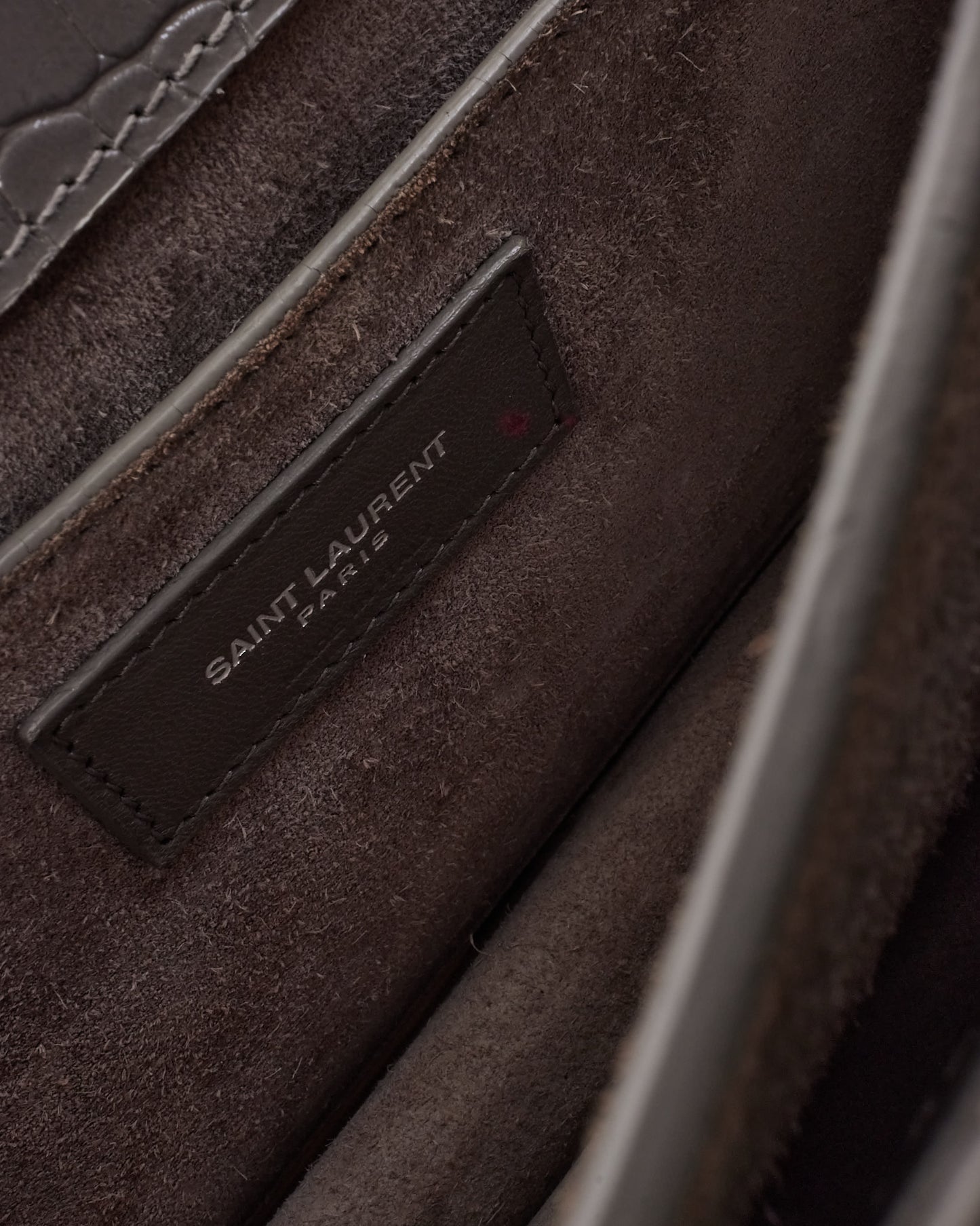 Saint Laurent Grey Patent Croc Embossed Leather Medium Sunset Bag