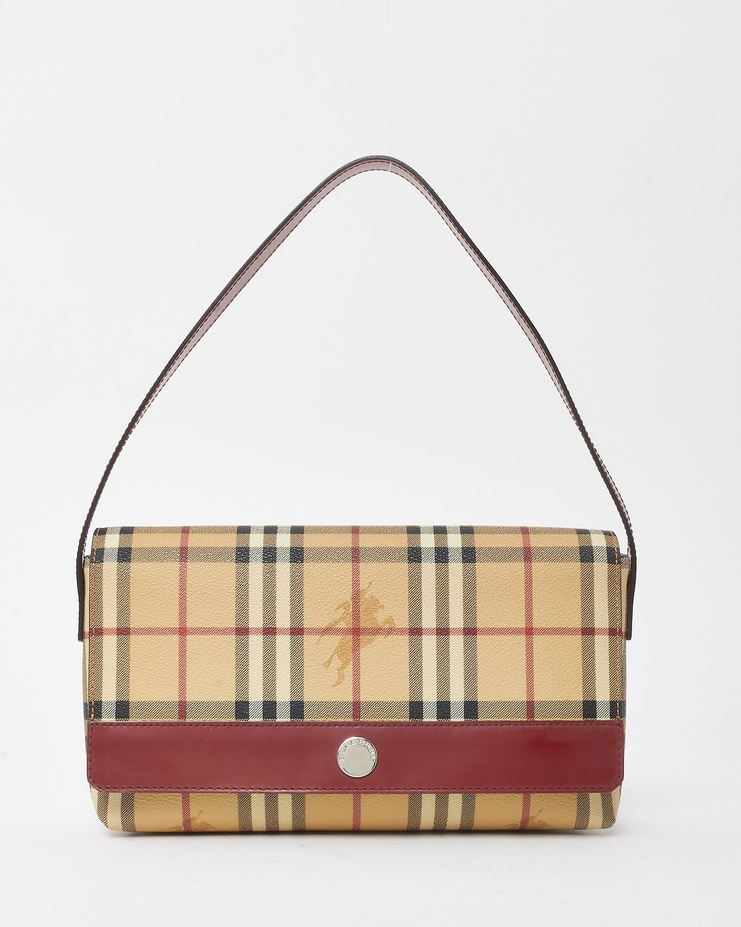 Burberry Vintage Beige Haymarket Check Coated Canvas Red Trim Shoulder Bag