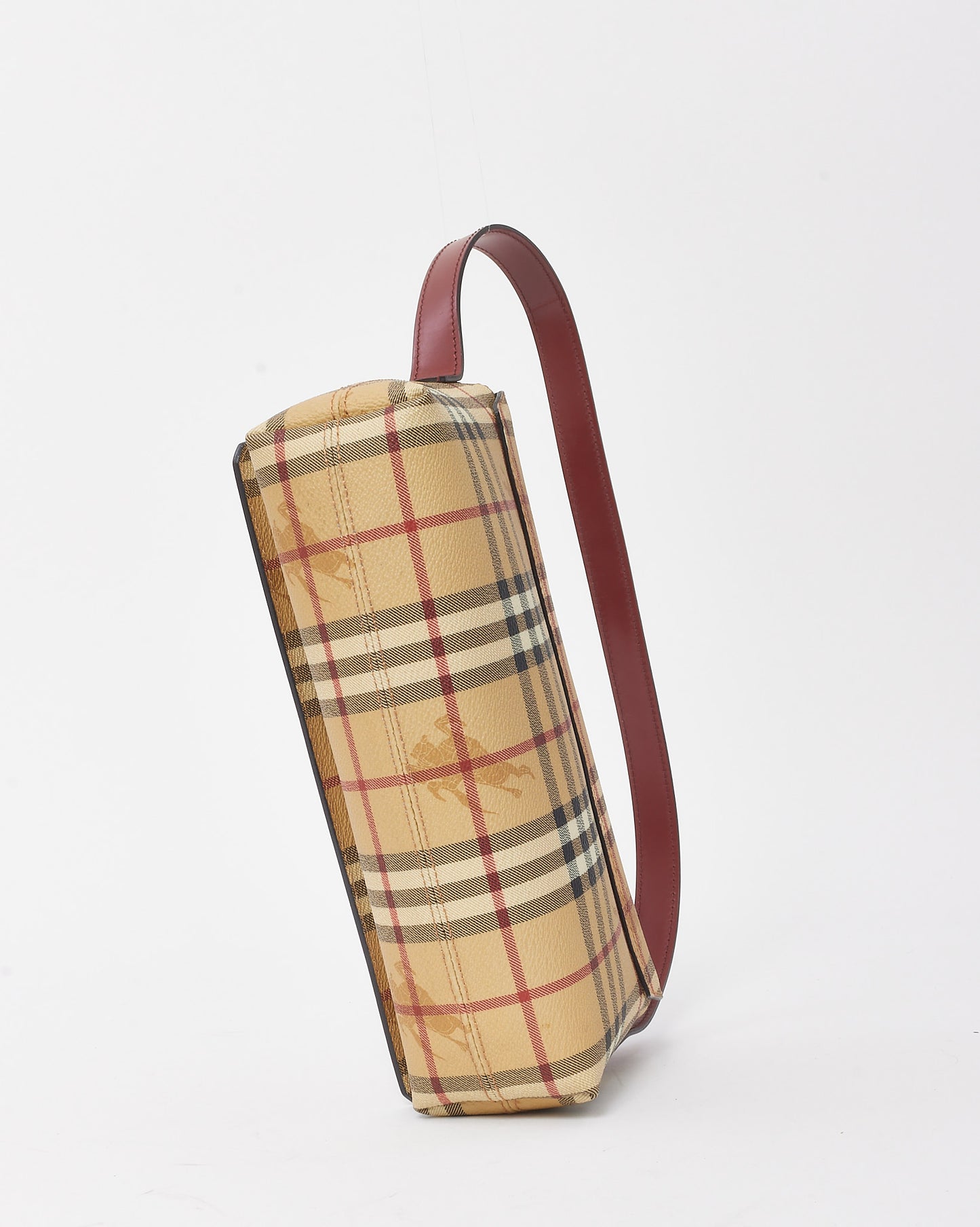 Burberry Vintage Beige Haymarket Check Coated Canvas Red Trim Shoulder Bag