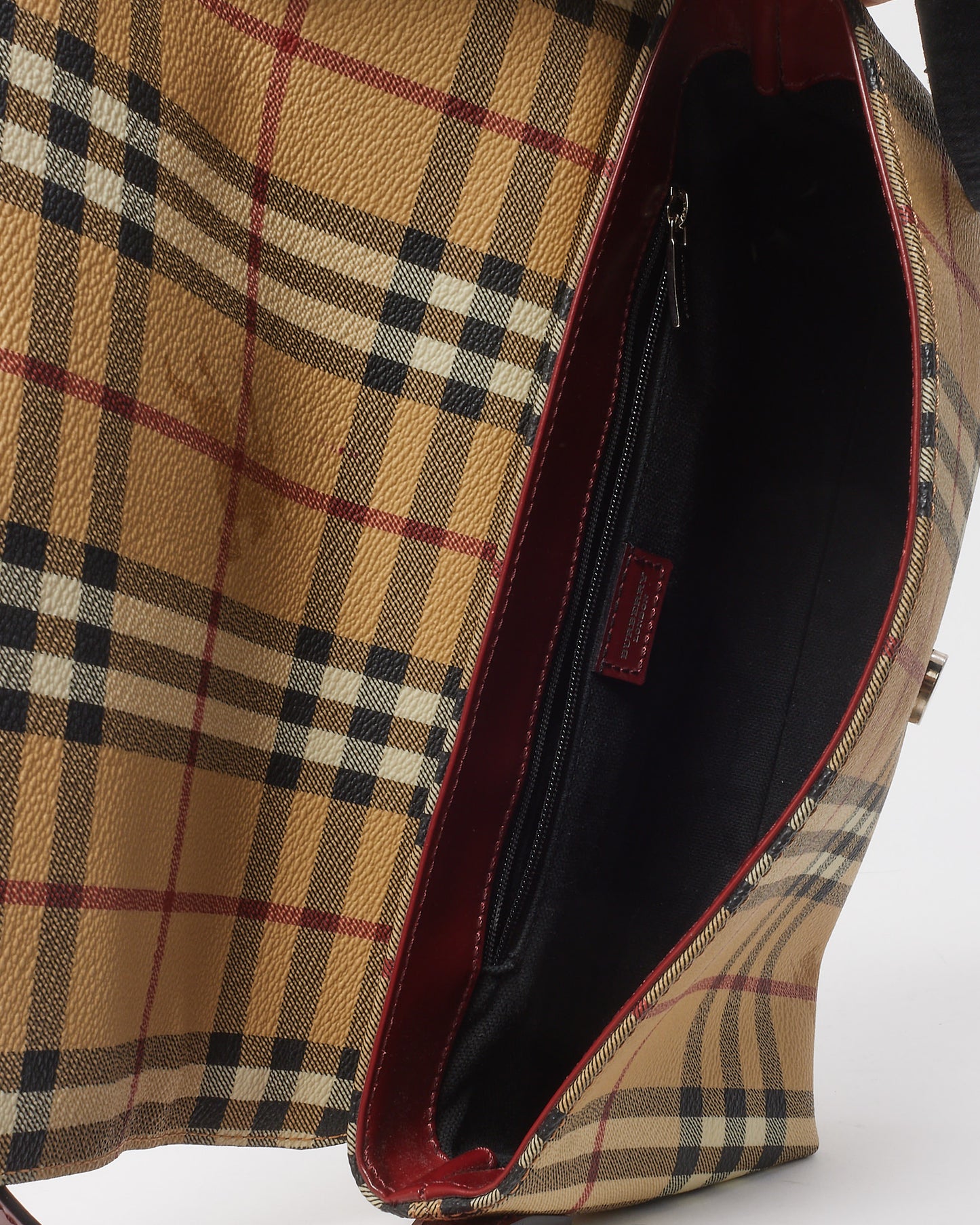 Burberry Vintage Beige Haymarket Check Coated Canvas Red Trim Shoulder Bag