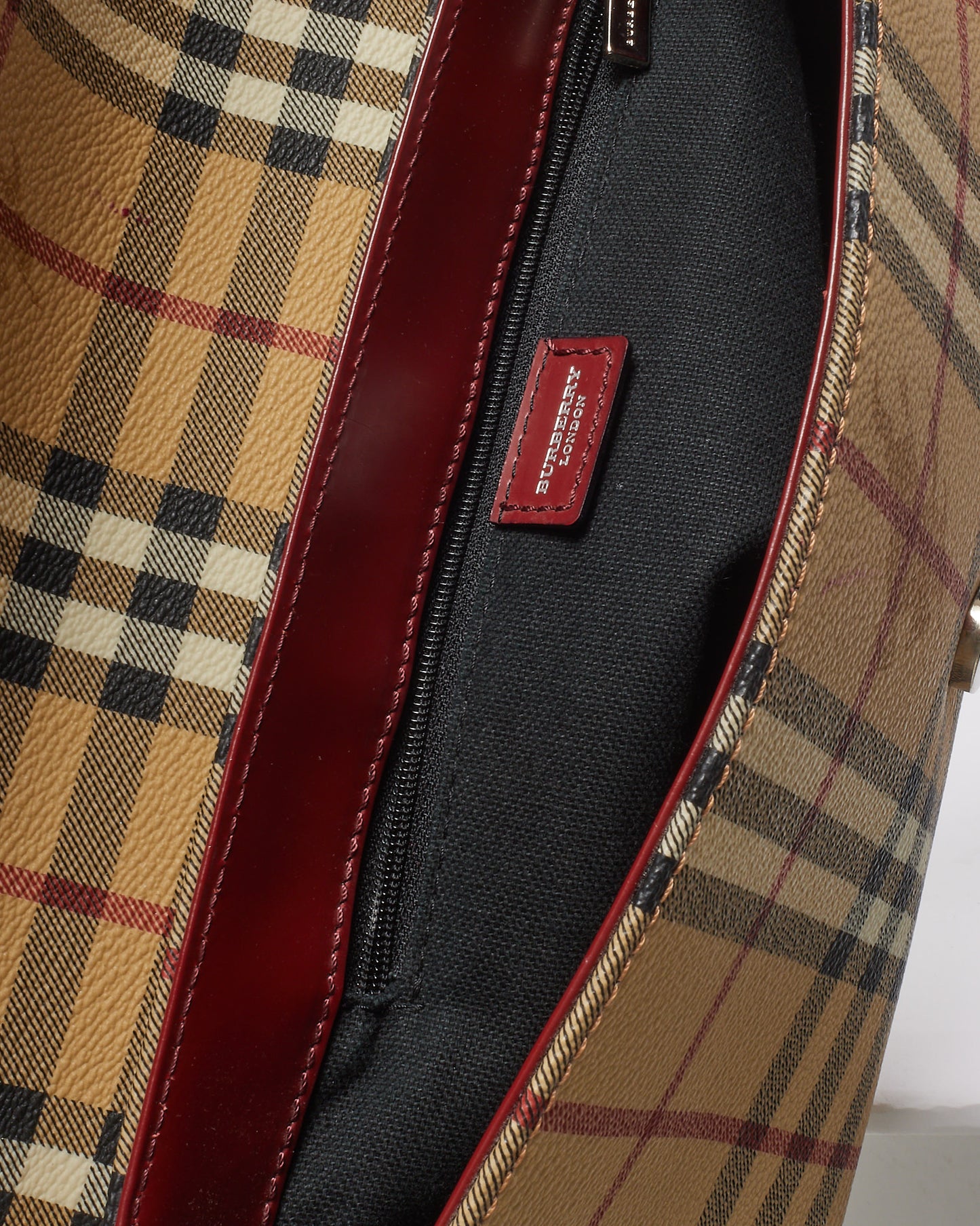 Burberry Vintage Beige Haymarket Check Coated Canvas Red Trim Shoulder Bag