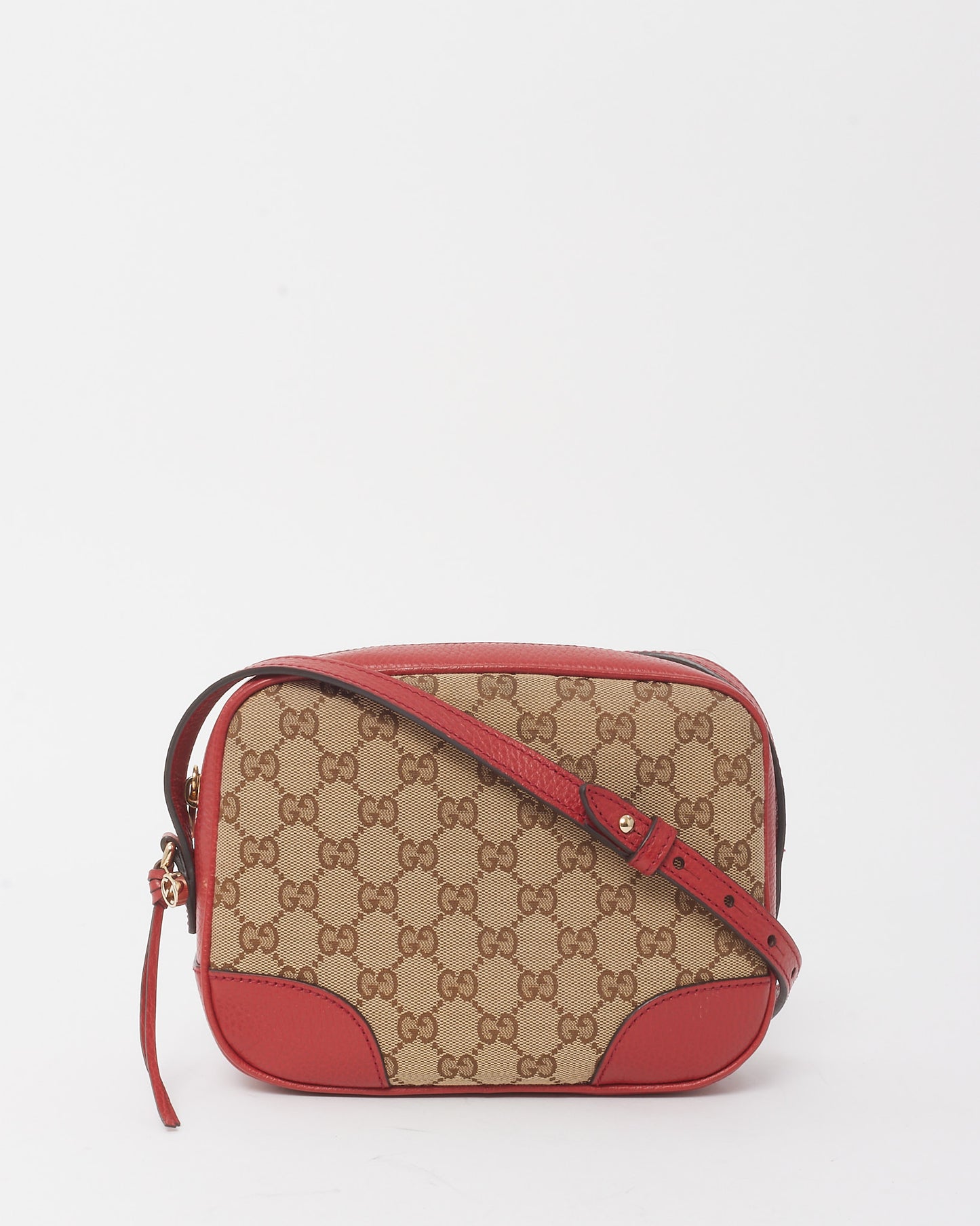 Gucci Beige and Ebony GG Monogram Canvas Red Leather Trim Mini Bree Camera Bag