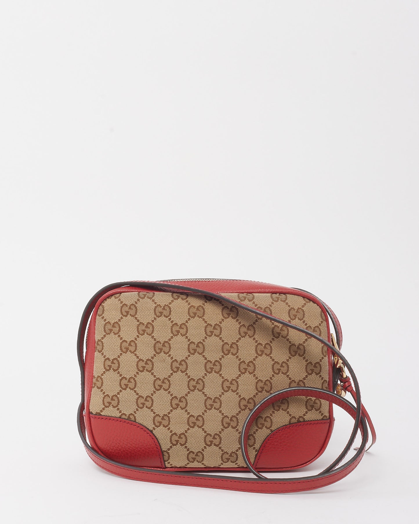 Gucci Beige and Ebony GG Monogram Canvas Red Leather Trim Mini Bree Camera Bag