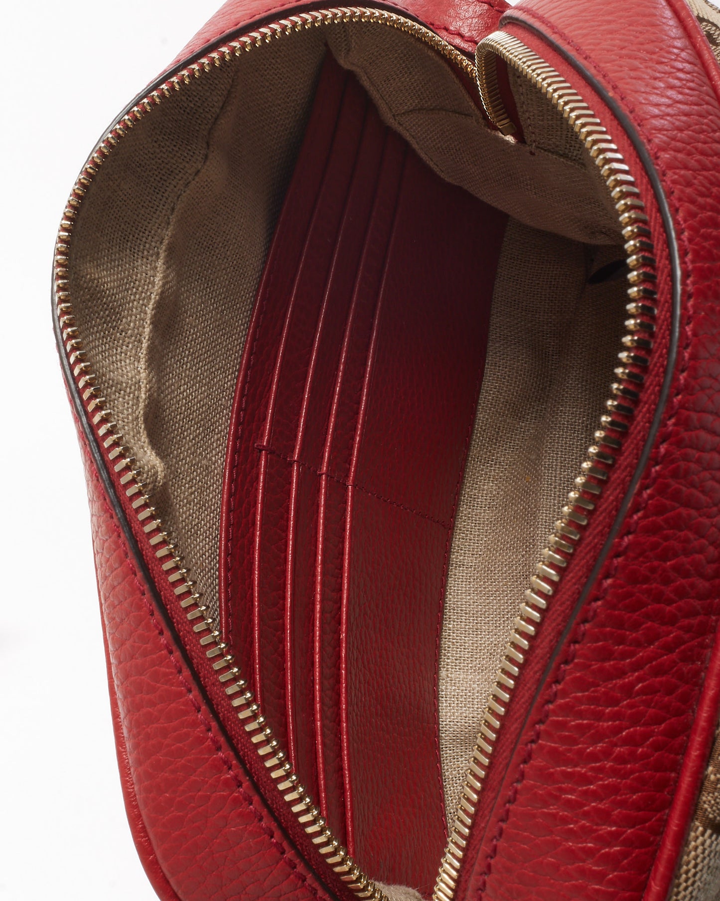 Gucci Beige and Ebony GG Monogram Canvas Red Leather Trim Mini Bree Camera Bag