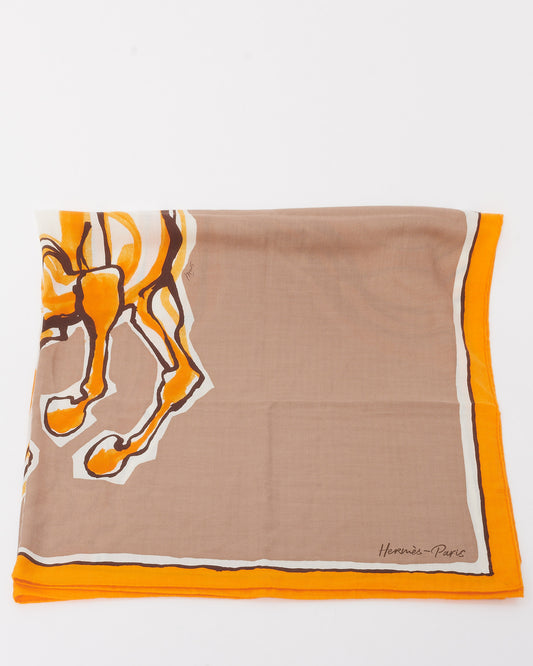 Hermès Orange/Taupe/Multi Cashmere Silk Libre Comme Pegase 140 Scarf Shawl