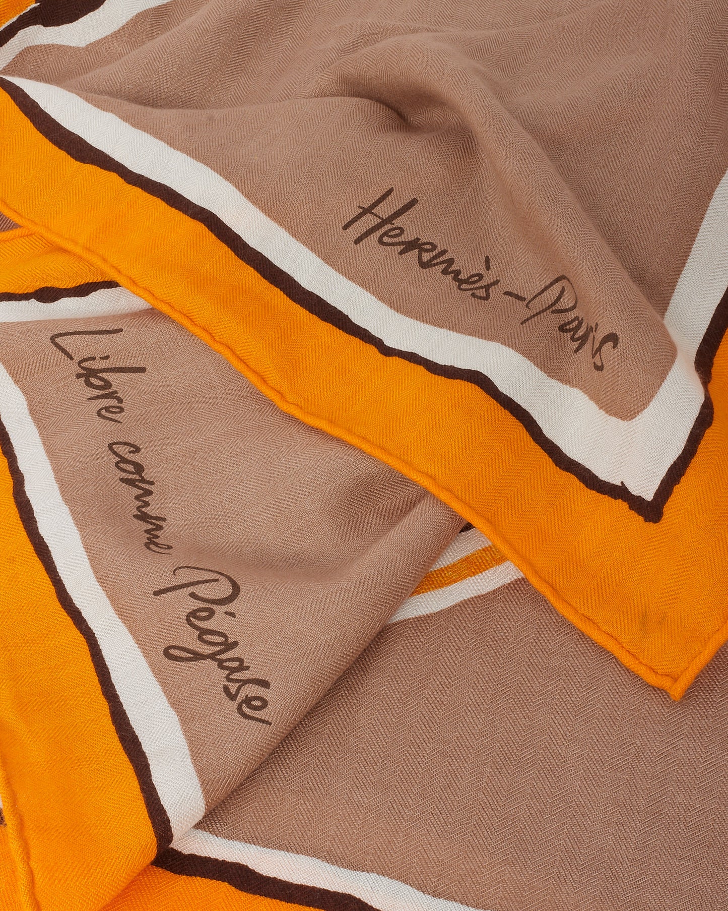 Hermès Orange/Taupe/Multi Cashmere Silk Libre Comme Pegase 140 Scarf Shawl