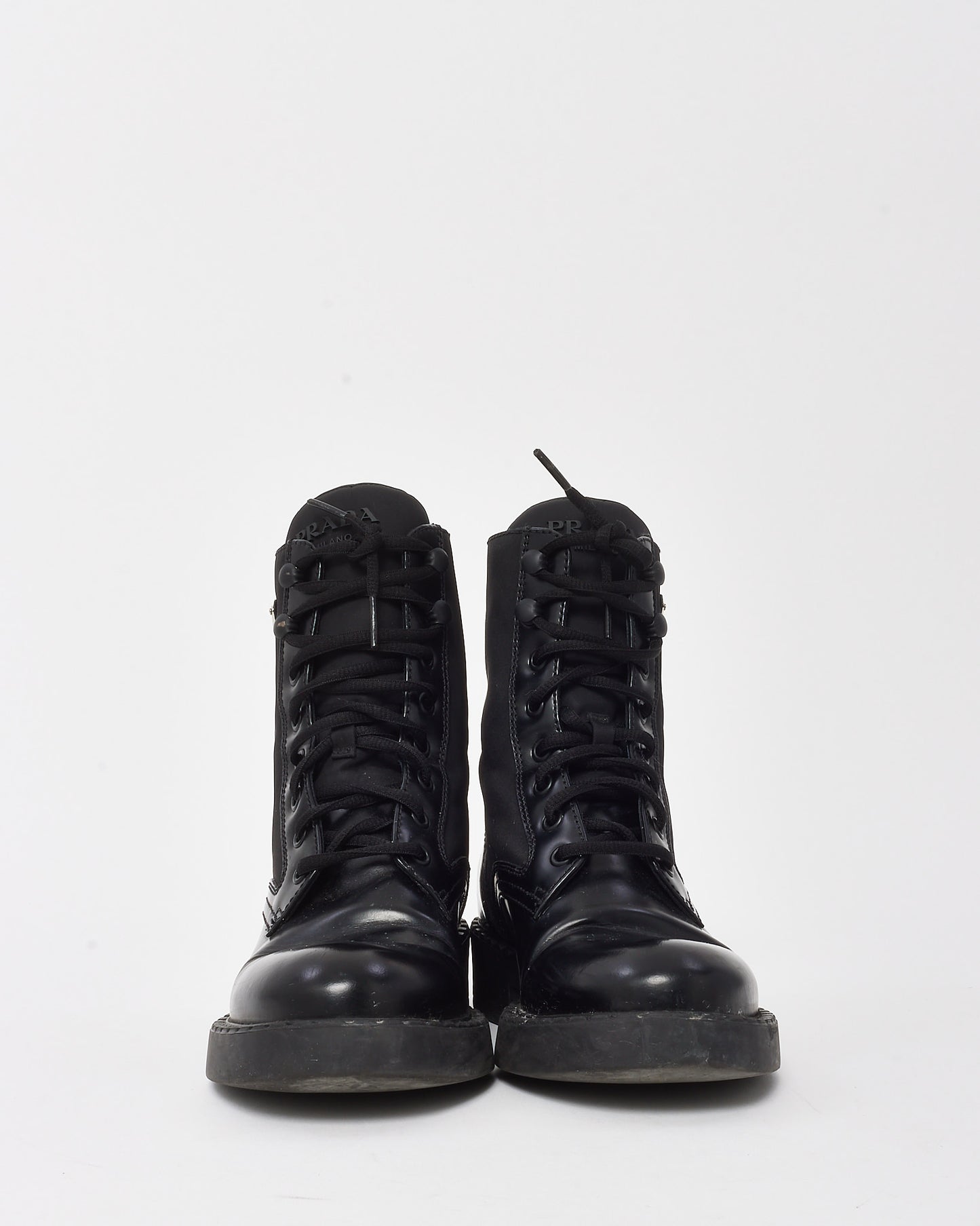 Prada Black Nylon & Leather Triangle Logo Combat Boots - 36