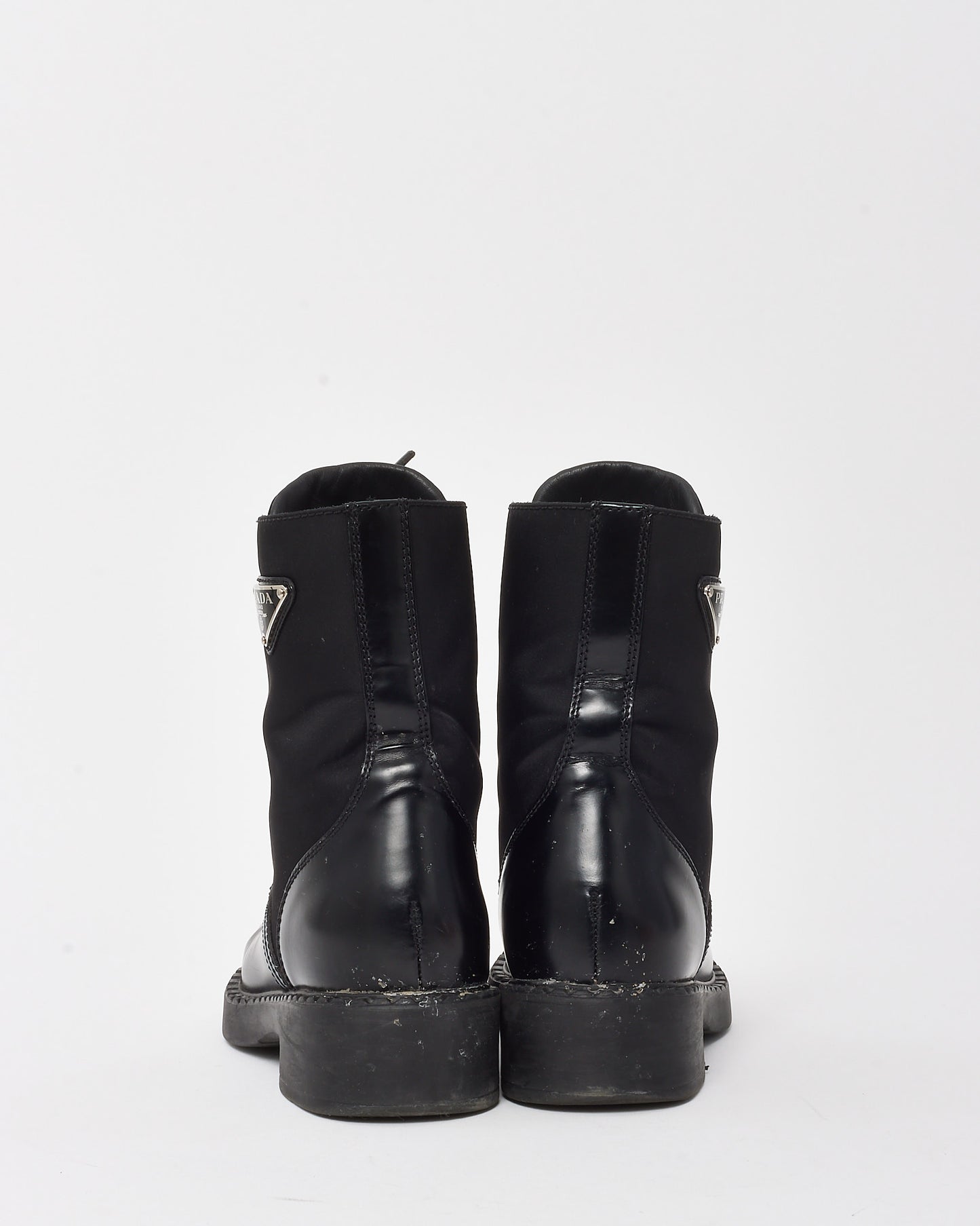 Prada Black Nylon & Leather Triangle Logo Combat Boots - 36