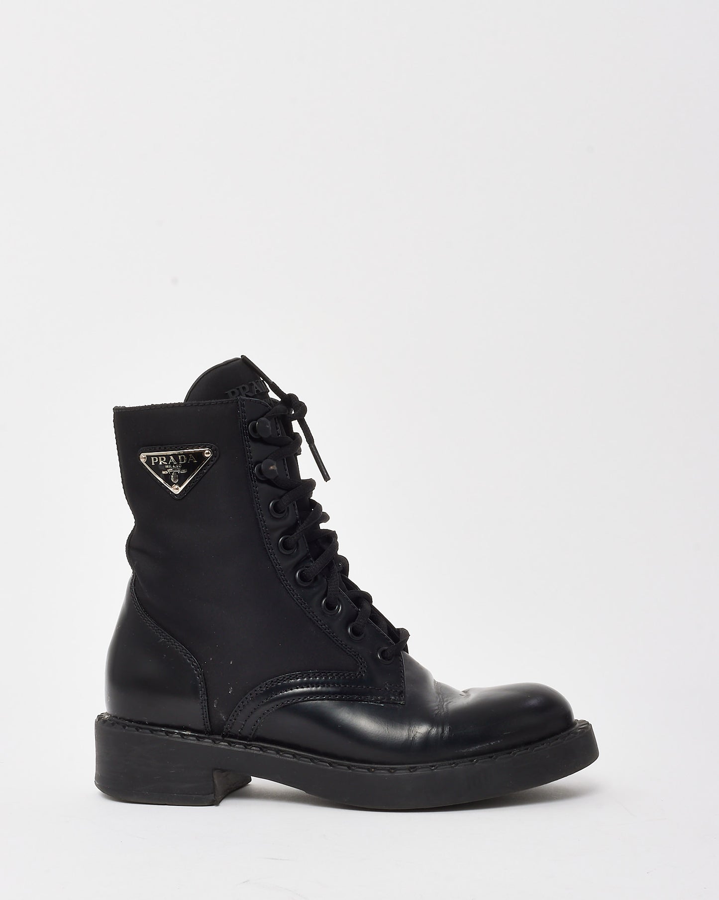Prada Black Nylon & Leather Triangle Logo Combat Boots - 36
